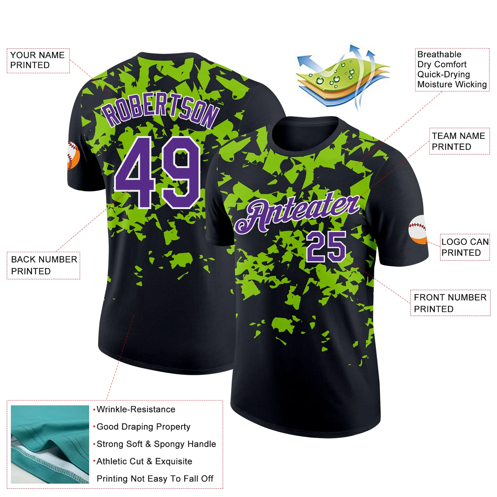 Custom Black Purple-Neon Green 3D Esports Performance T-Shirt - Image 2