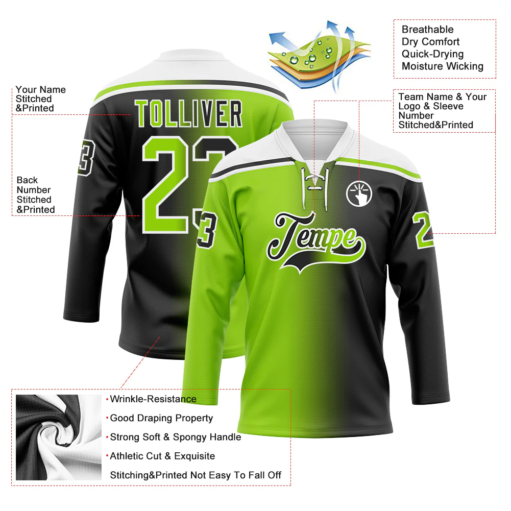 Custom Black Neon Green-White Gradient Fashion Hockey Lace Neck Jersey - Image 5