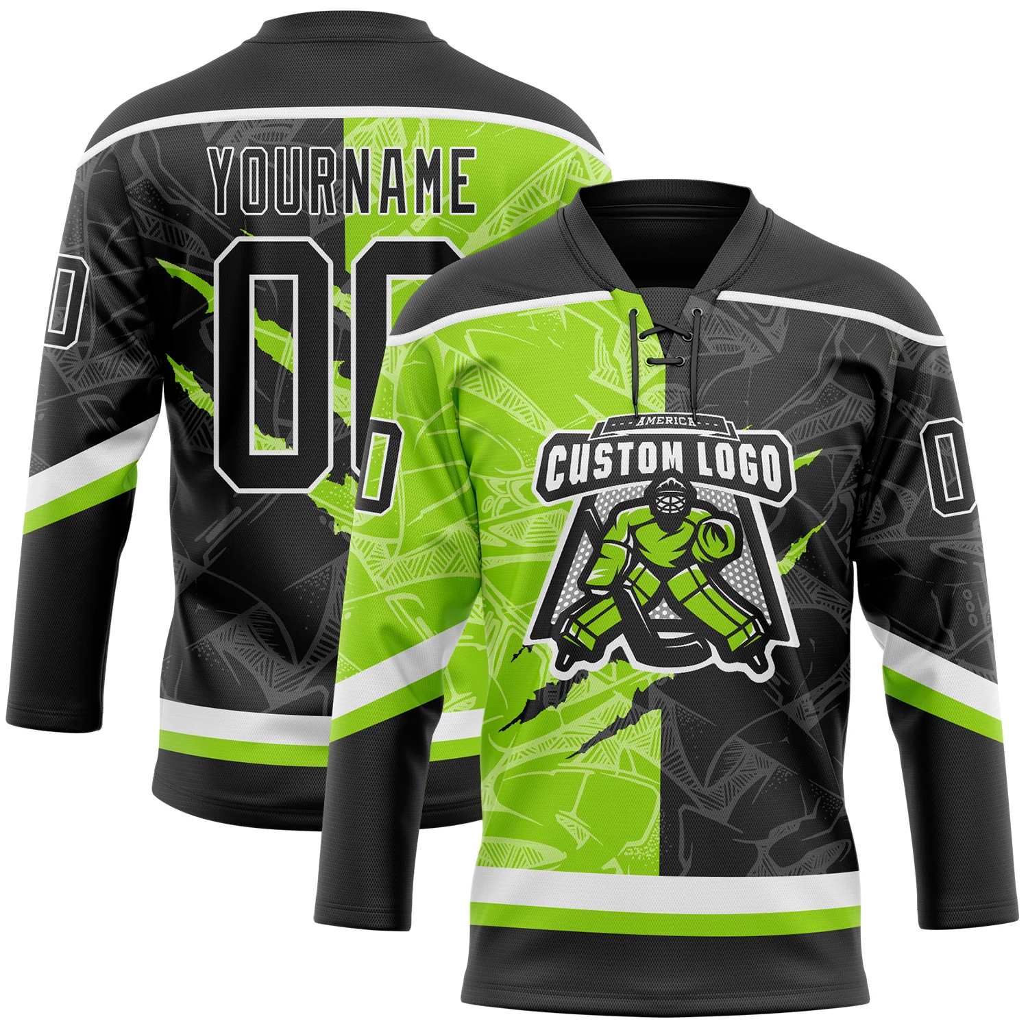 Custom Black Neon Green-White 3D Pattern Gradient Fashion Scratch Hockey Lace Neck Jersey - Image 2