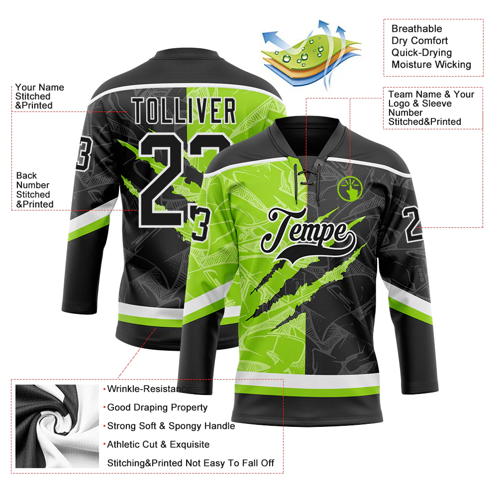 Custom Black Neon Green-White 3D Pattern Gradient Fashion Scratch Hockey Lace Neck Jersey - Image 3