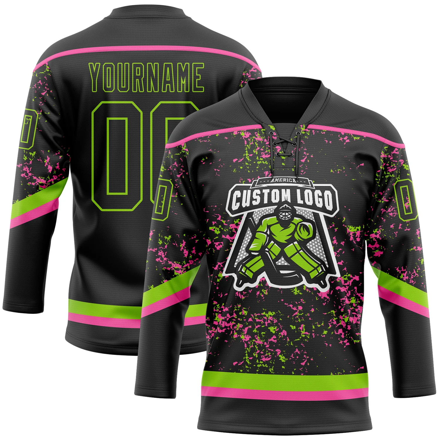 Custom Black Neon Green-Pink 3D Pattern Fragment Art Hockey Lace Neck Jersey - Image 2