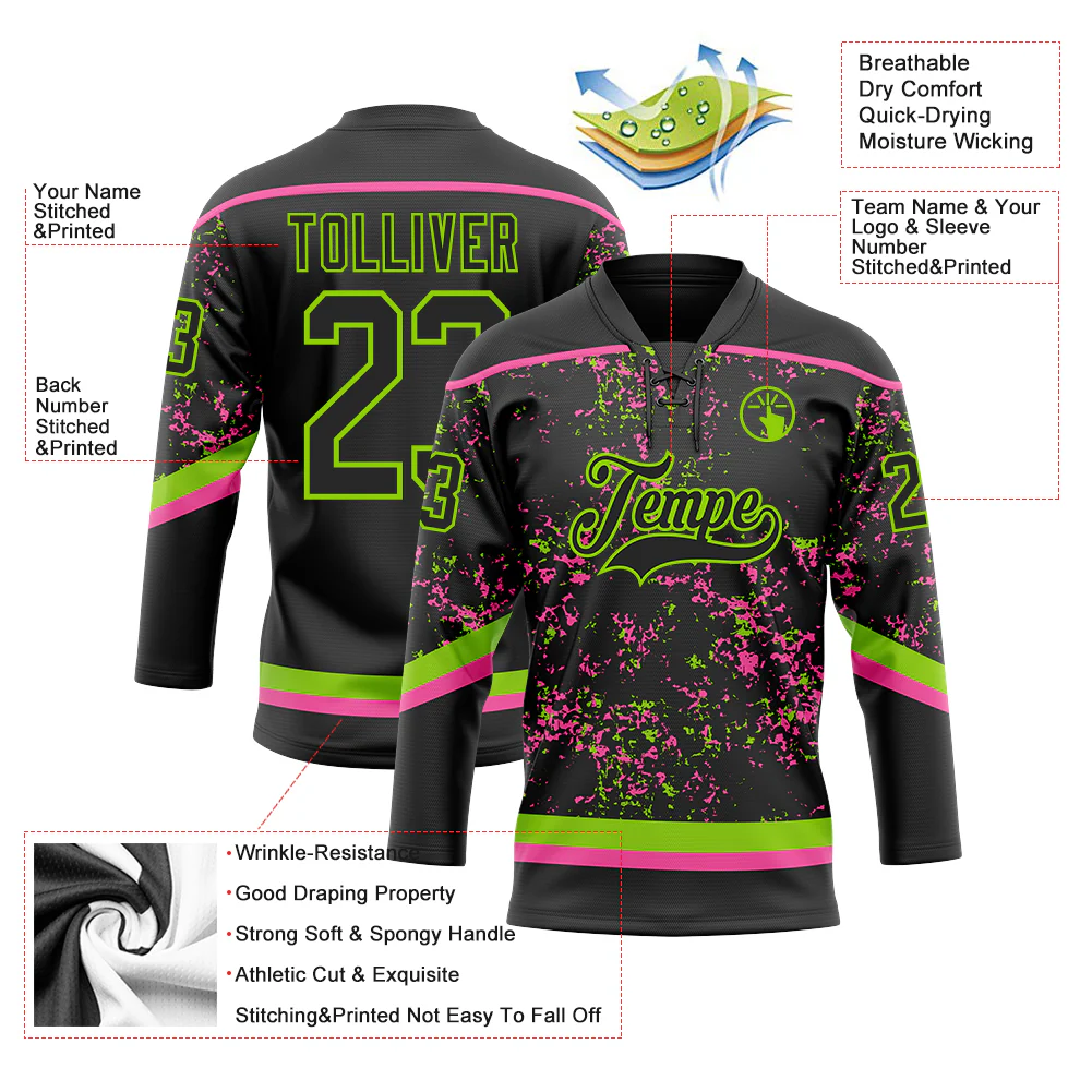 Custom Black Neon Green-Pink 3D Pattern Fragment Art Hockey Lace Neck Jersey - Image 3