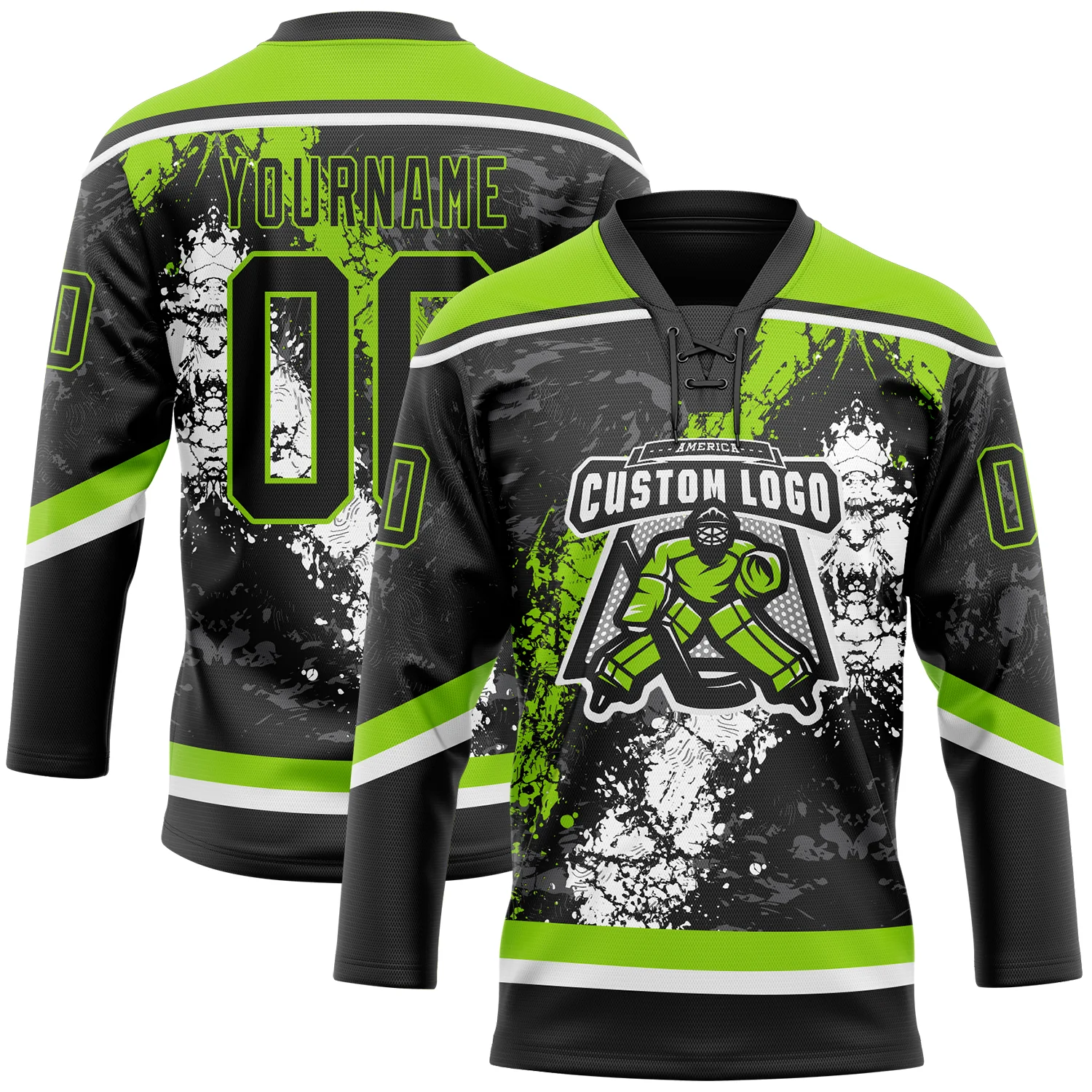 Custom Black Neon Green-White 3D Splash Art Hockey Lace Neck Jersey - Image 2