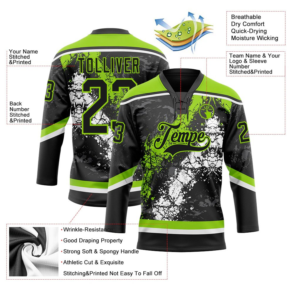 Custom Black Neon Green-White 3D Splash Art Hockey Lace Neck Jersey - Image 3