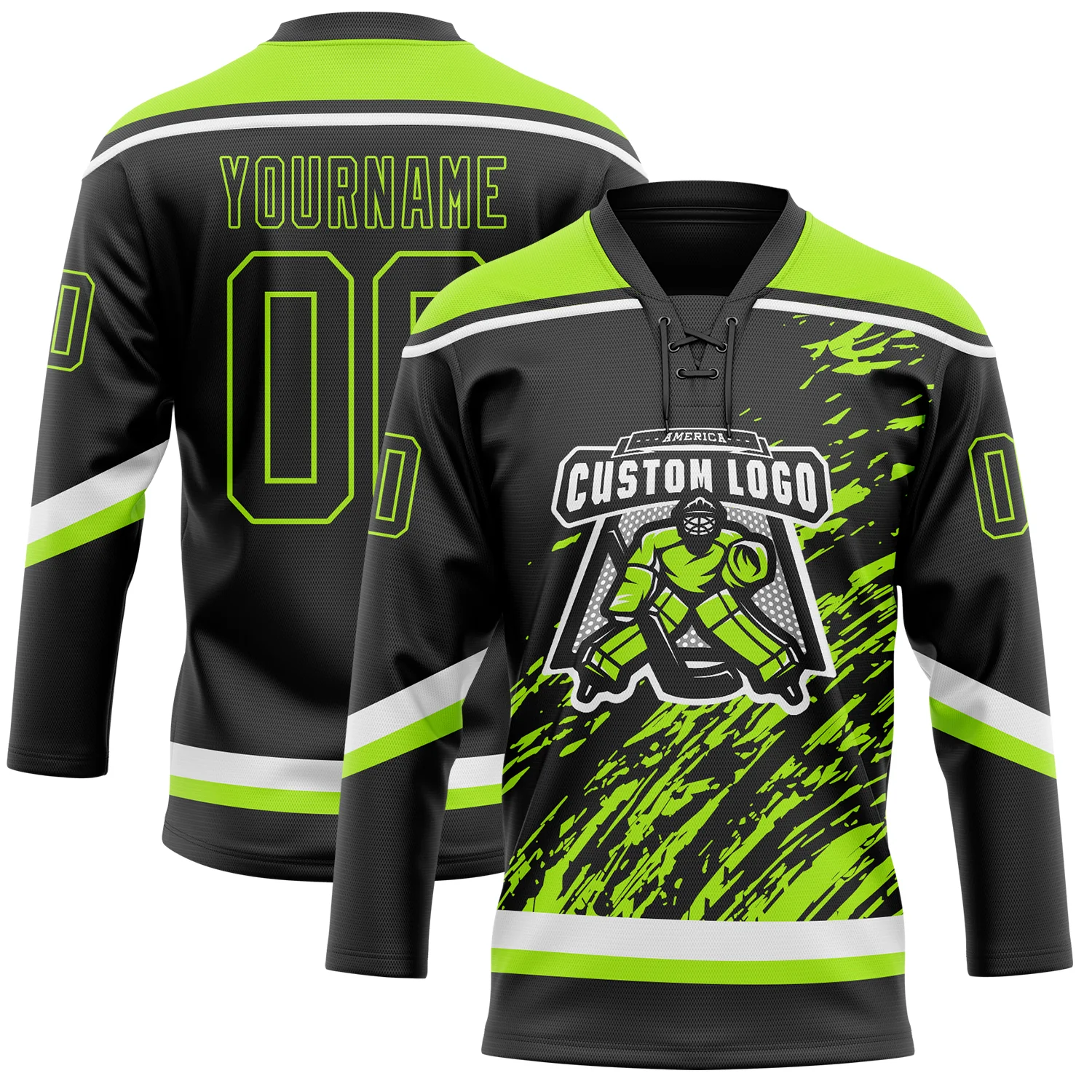 Custom Black Neon Green-White 3D Splash Art Hockey Lace Neck Jersey - Image 2