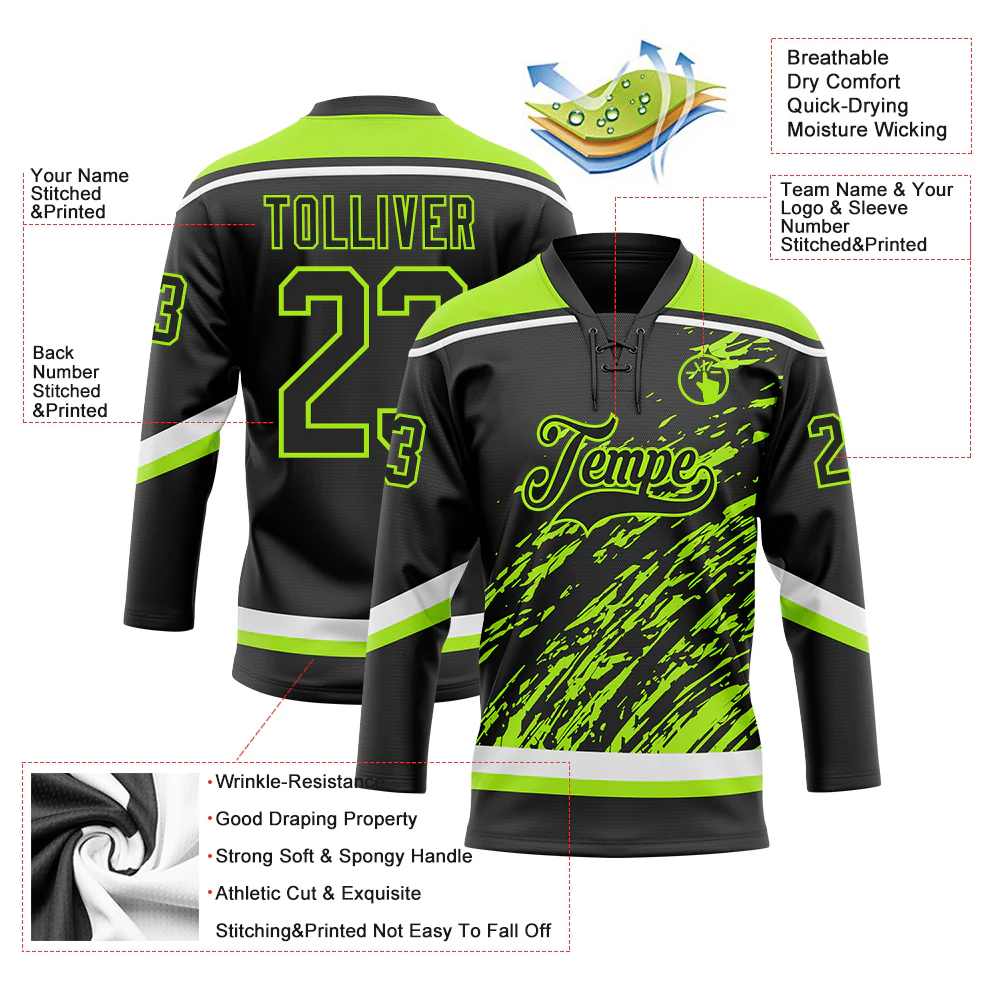 Custom Black Neon Green-White 3D Splash Art Hockey Lace Neck Jersey - Image 5