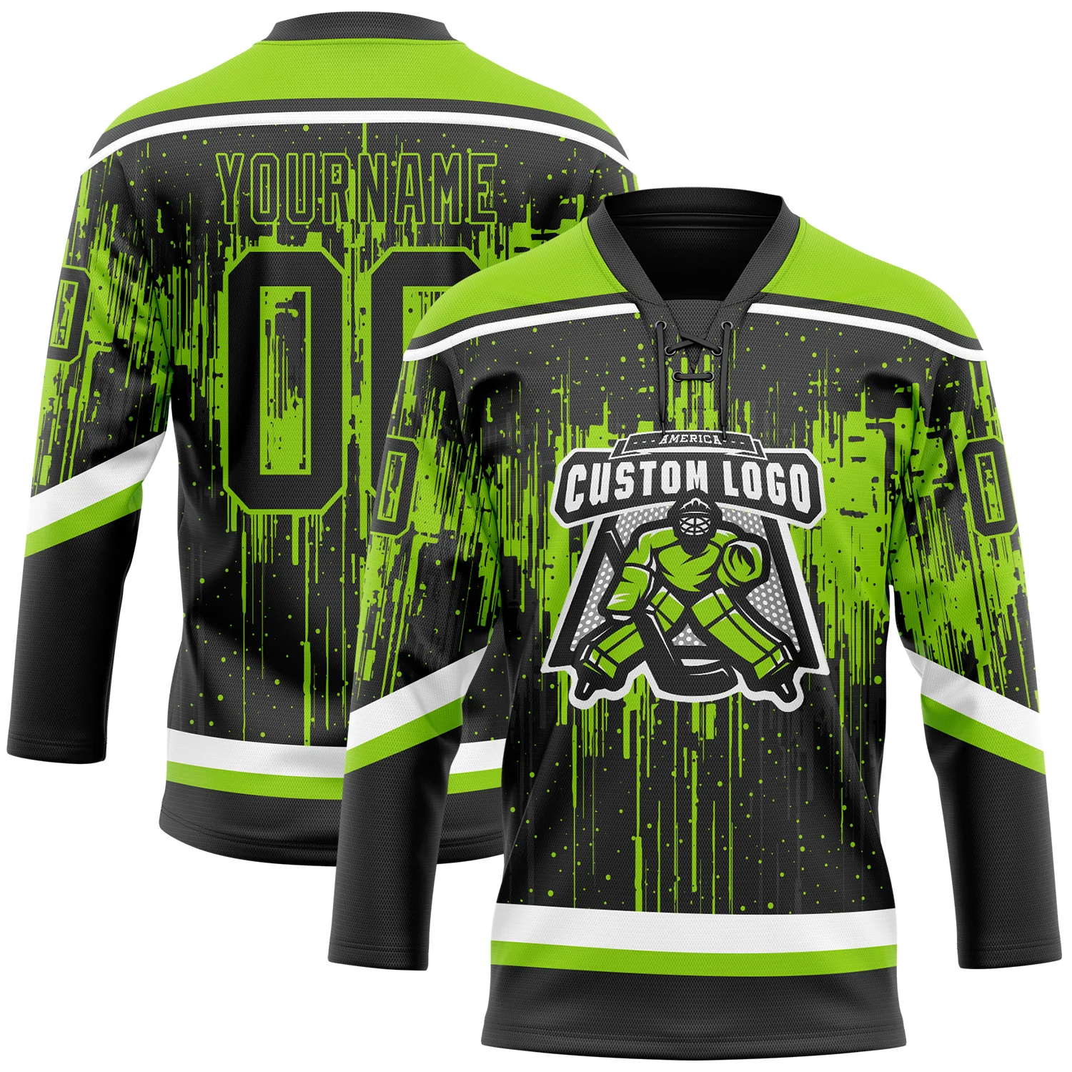 Custom Black Neon Green Steel Gray-White Dripping Splatter Pattern Hockey Lace Neck Jersey - Image 2