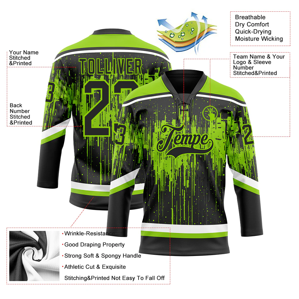 Custom Black Neon Green Steel Gray-White Dripping Splatter Pattern Hockey Lace Neck Jersey - Image 5