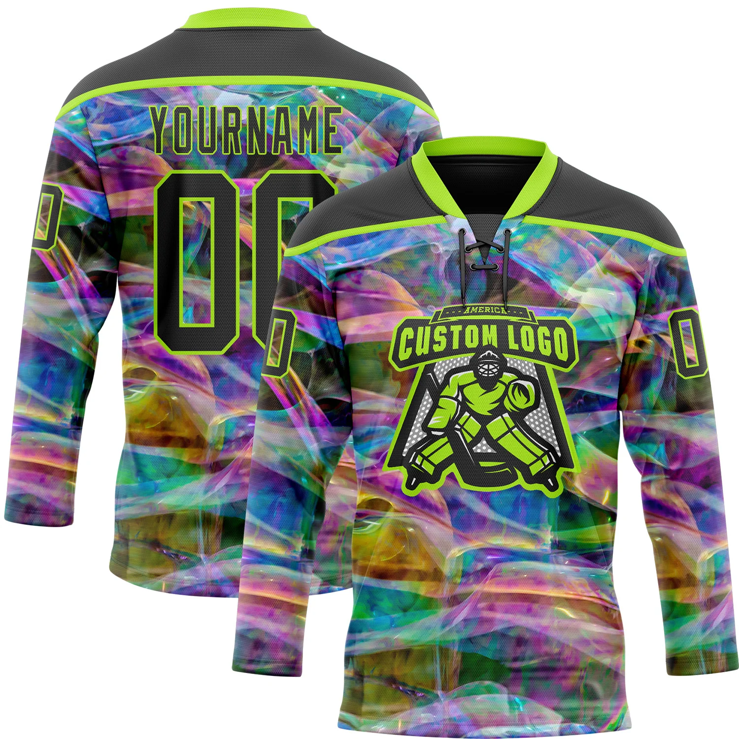Custom Black Neon Green Trippy Psychedelic Trendy Holographic Vaporwave Style Hockey Lace Neck Jersey - Image 2