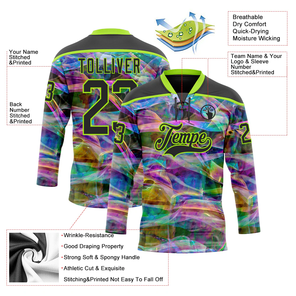 Custom Black Neon Green Trippy Psychedelic Trendy Holographic Vaporwave Style Hockey Lace Neck Jersey - Image 5