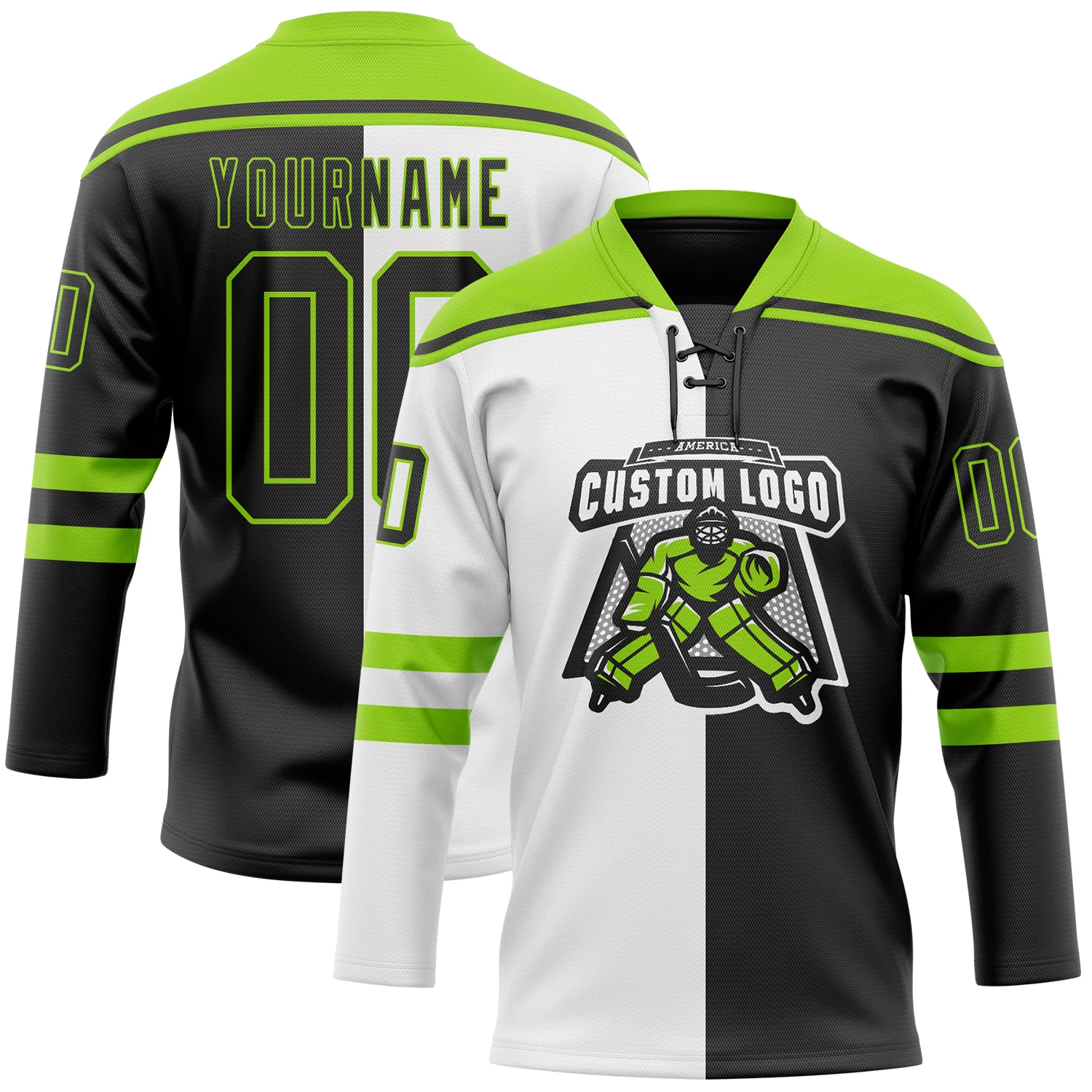 Custom Black Neon Green-White Split Fashion Hockey Lace Neck Jersey - Image 2