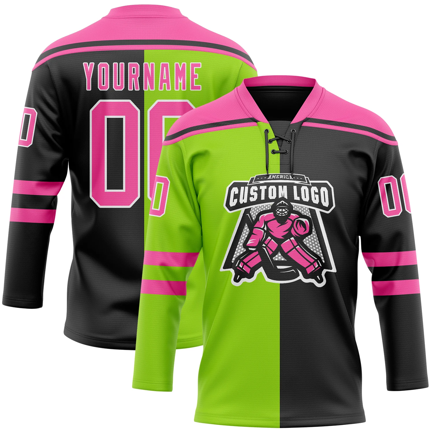 Custom Black Pink Neon Green-White Split Fashion Hockey Lace Neck Jersey - Image 2