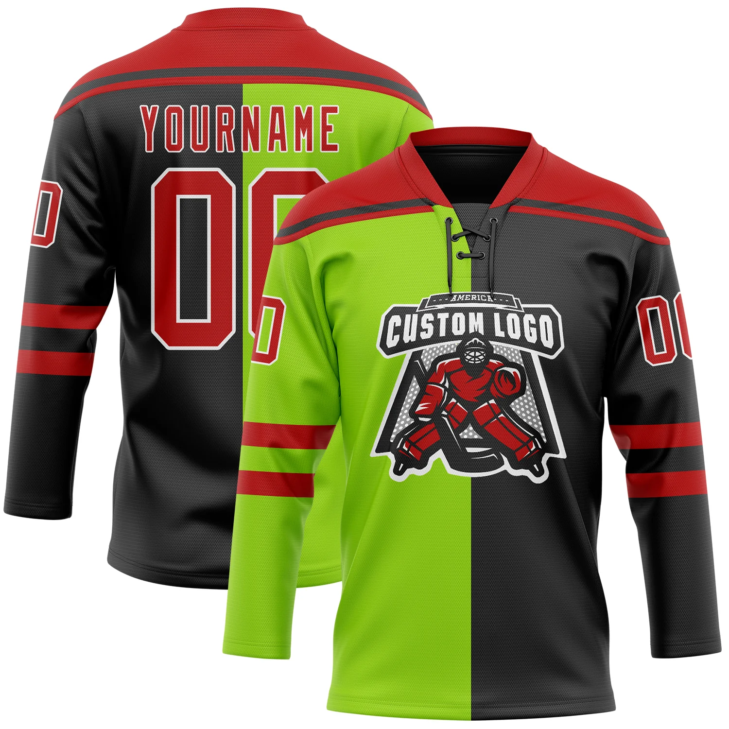 Custom Black Red Neon Green-White Split Fashion Hockey Lace Neck Jersey - Image 2