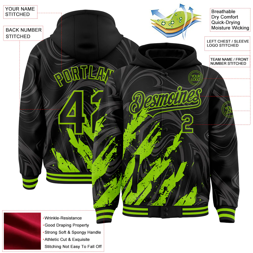 Custom Black Neon Green Splash Bomber Full-Snap Varsity Letterman Hoodie Jacket - Image 4