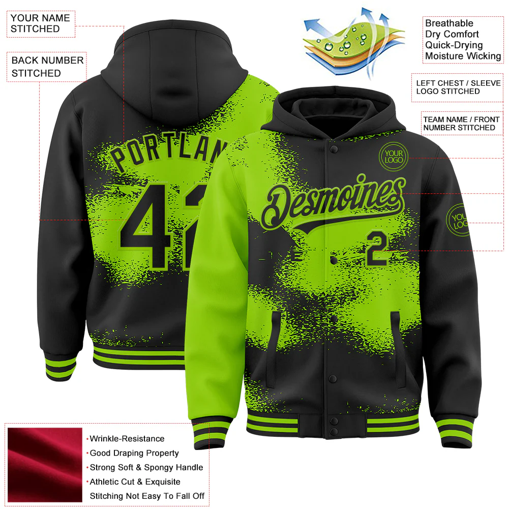 Custom Black Neon Green Abstract Color Blocks Fragment Pattern Bomber Full-Snap Varsity Letterman Hoodie Jacket - Image 4