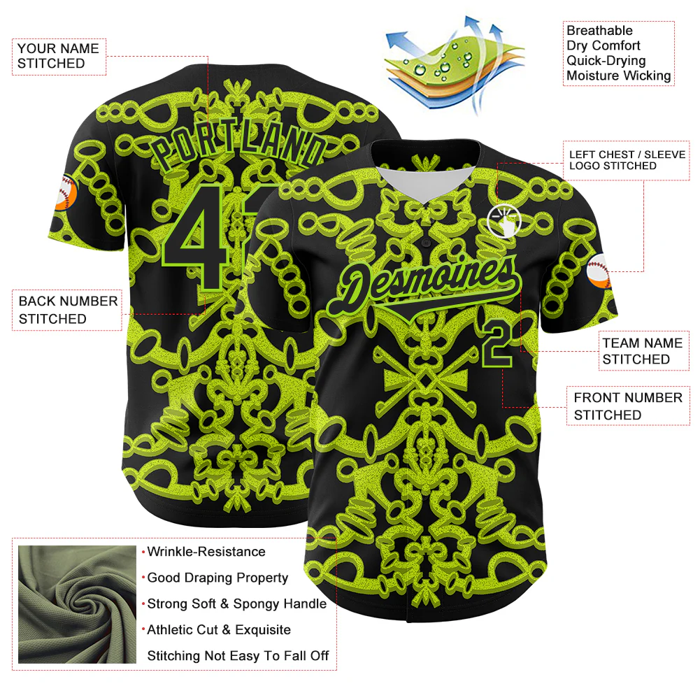 Custom Black Neon Green 3D KYLMAX HUBTUHAN Authentic Baseball Jersey - Image 3