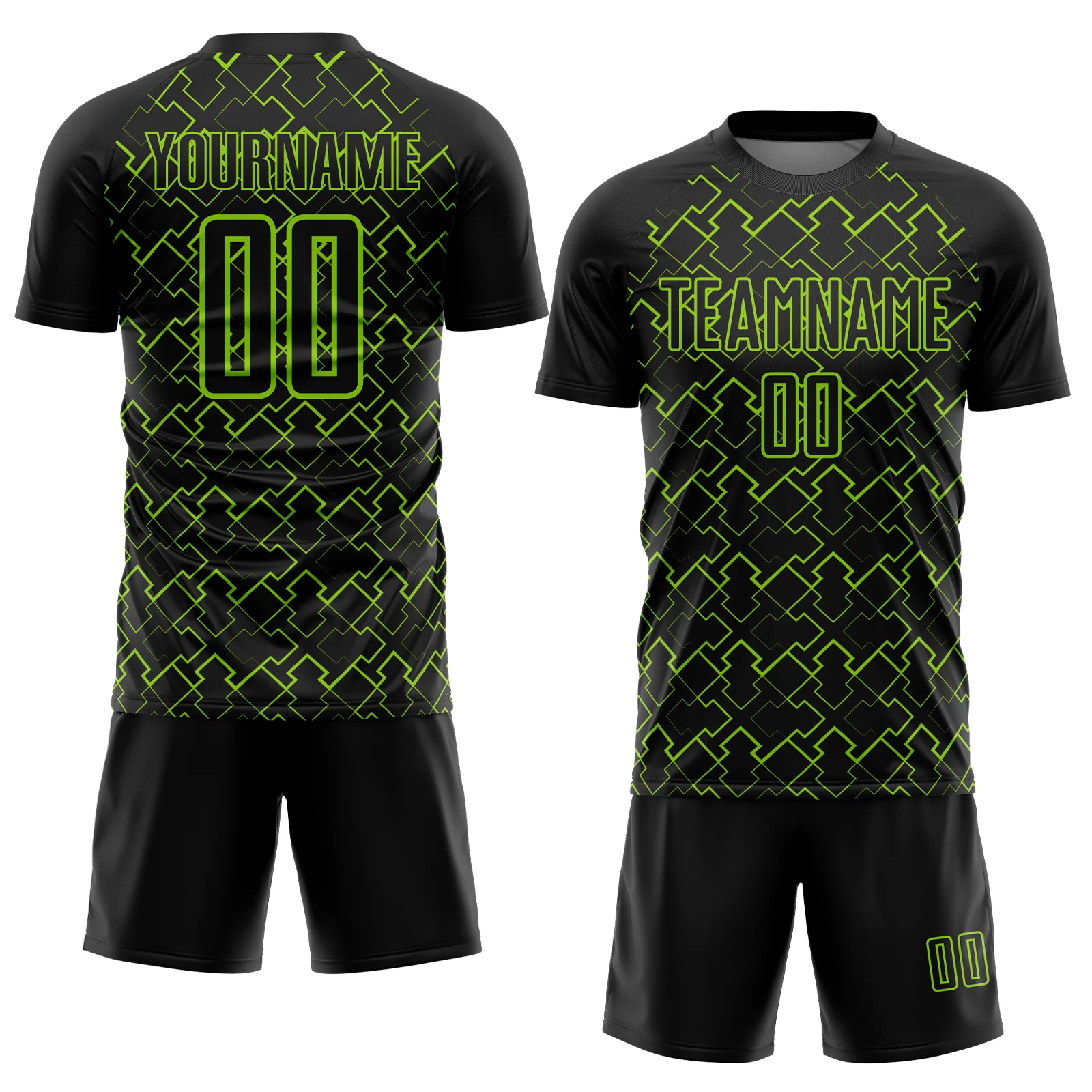 Custom Black Neon Green Geometric Shape Sublimation Soccer Uniform Jersey - Image 2