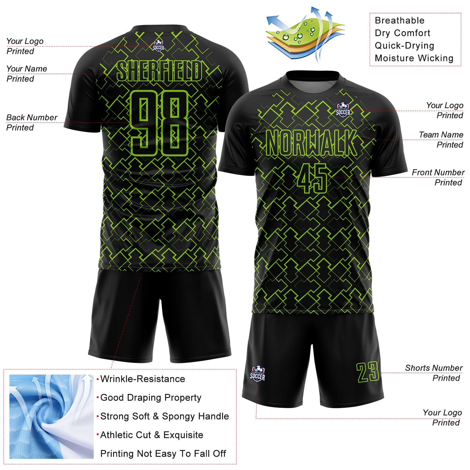 Custom Black Neon Green Geometric Shape Sublimation Soccer Uniform Jersey - Image 4