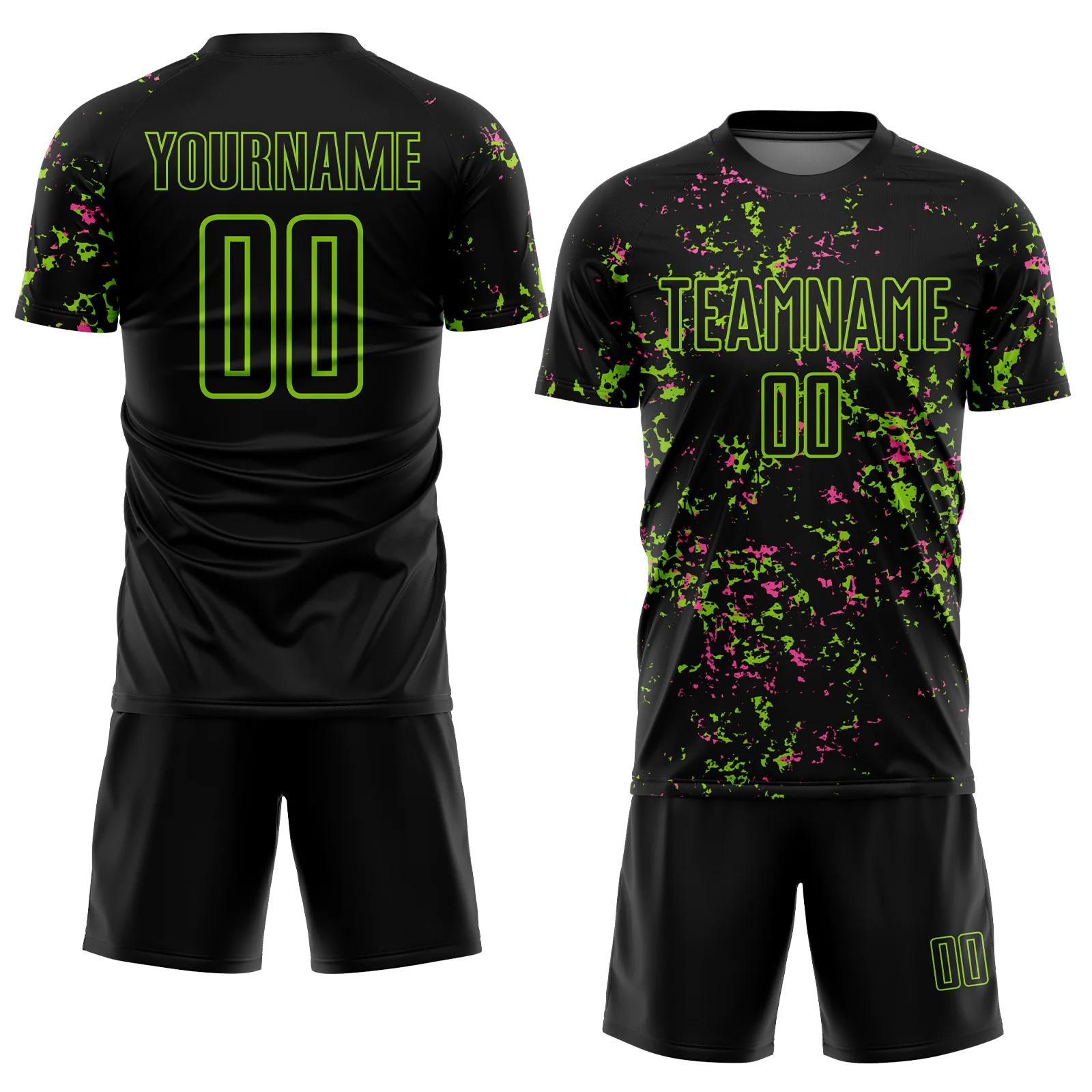 Custom Black Neon Green-Pink Abstract Fragment Art Sublimation Soccer Uniform Jersey - Image 2
