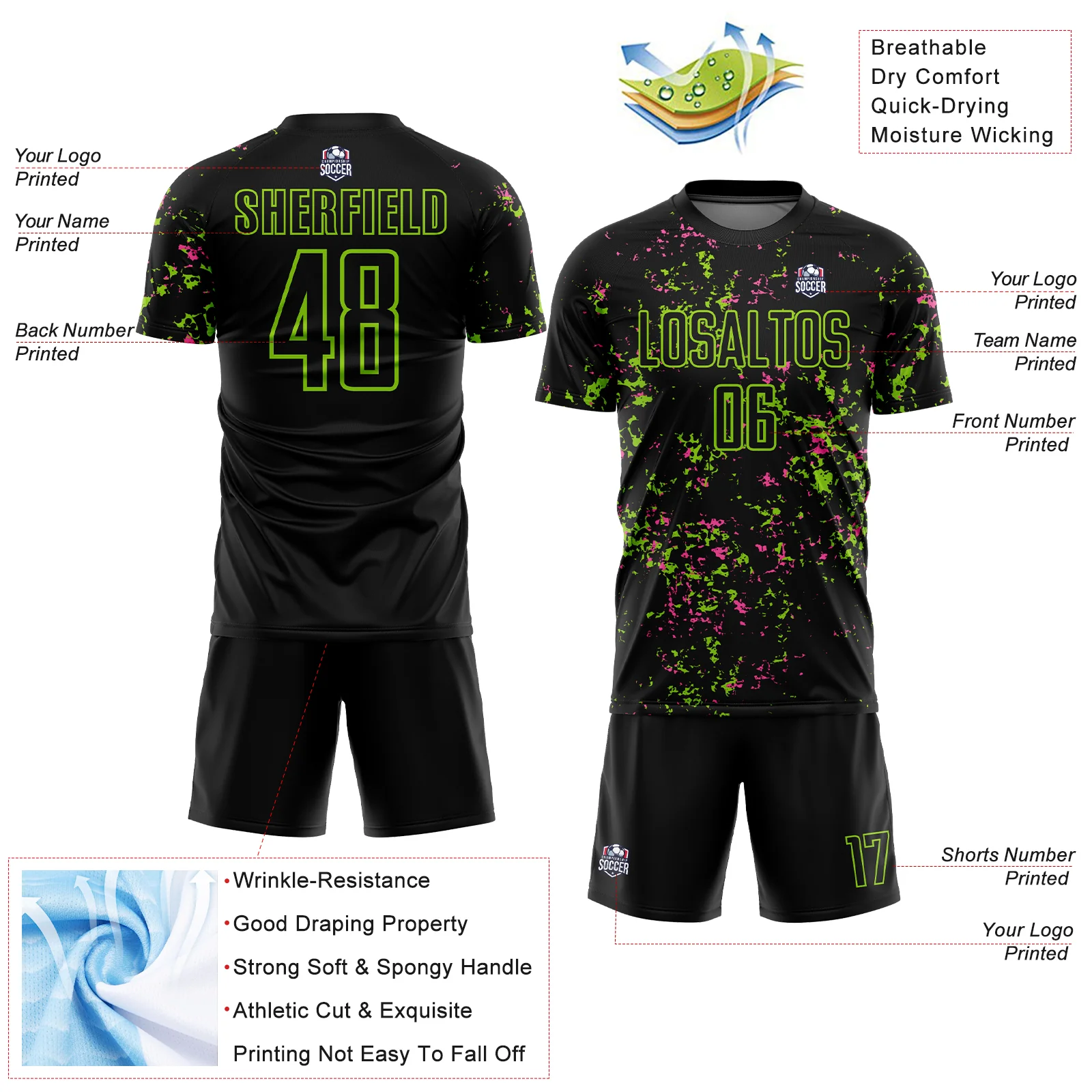 Custom Black Neon Green-Pink Abstract Fragment Art Sublimation Soccer Uniform Jersey - Image 4