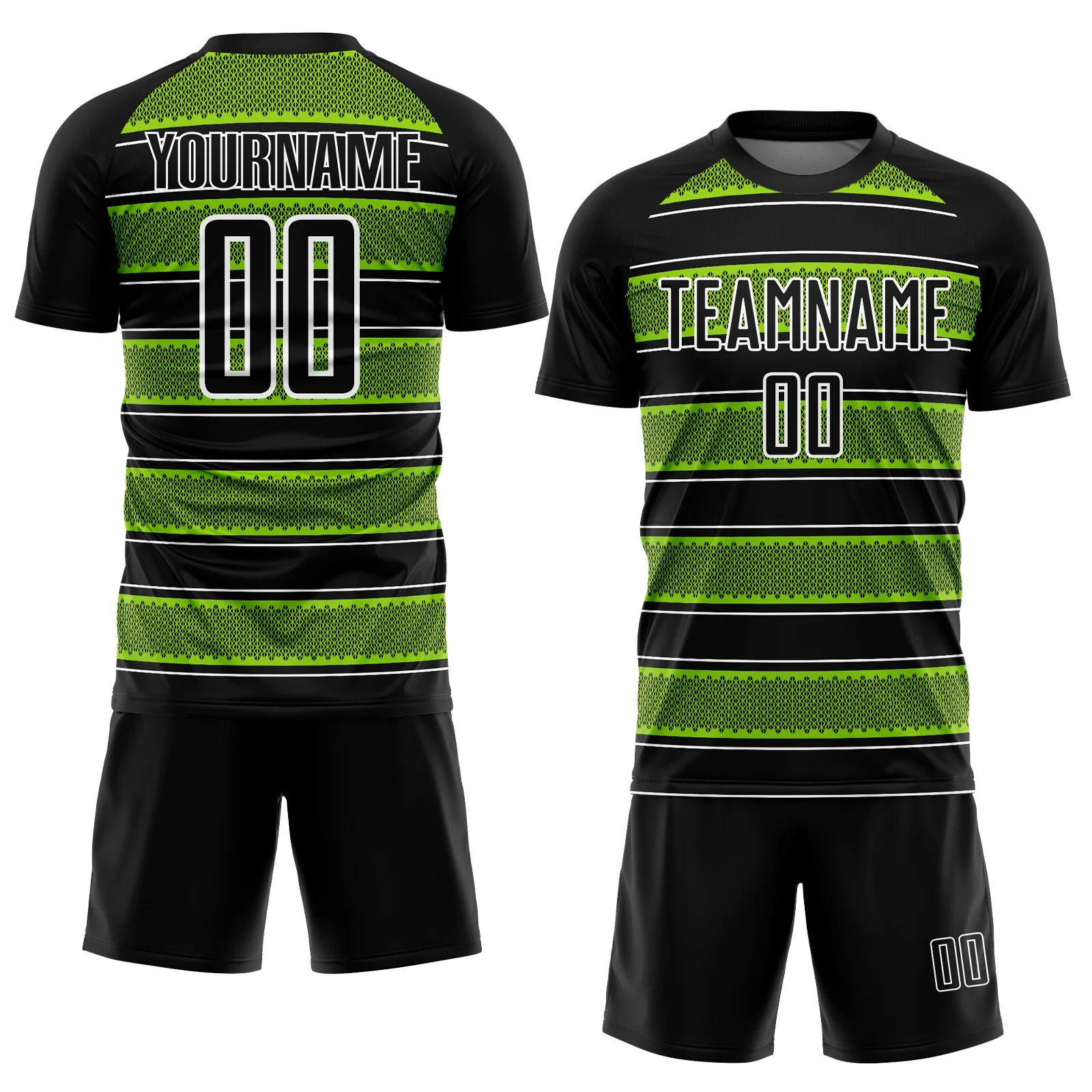 Custom Black Neon Green-White Geometric Shapes And Line Sublimation Soccer Uniform Jersey - Image 2