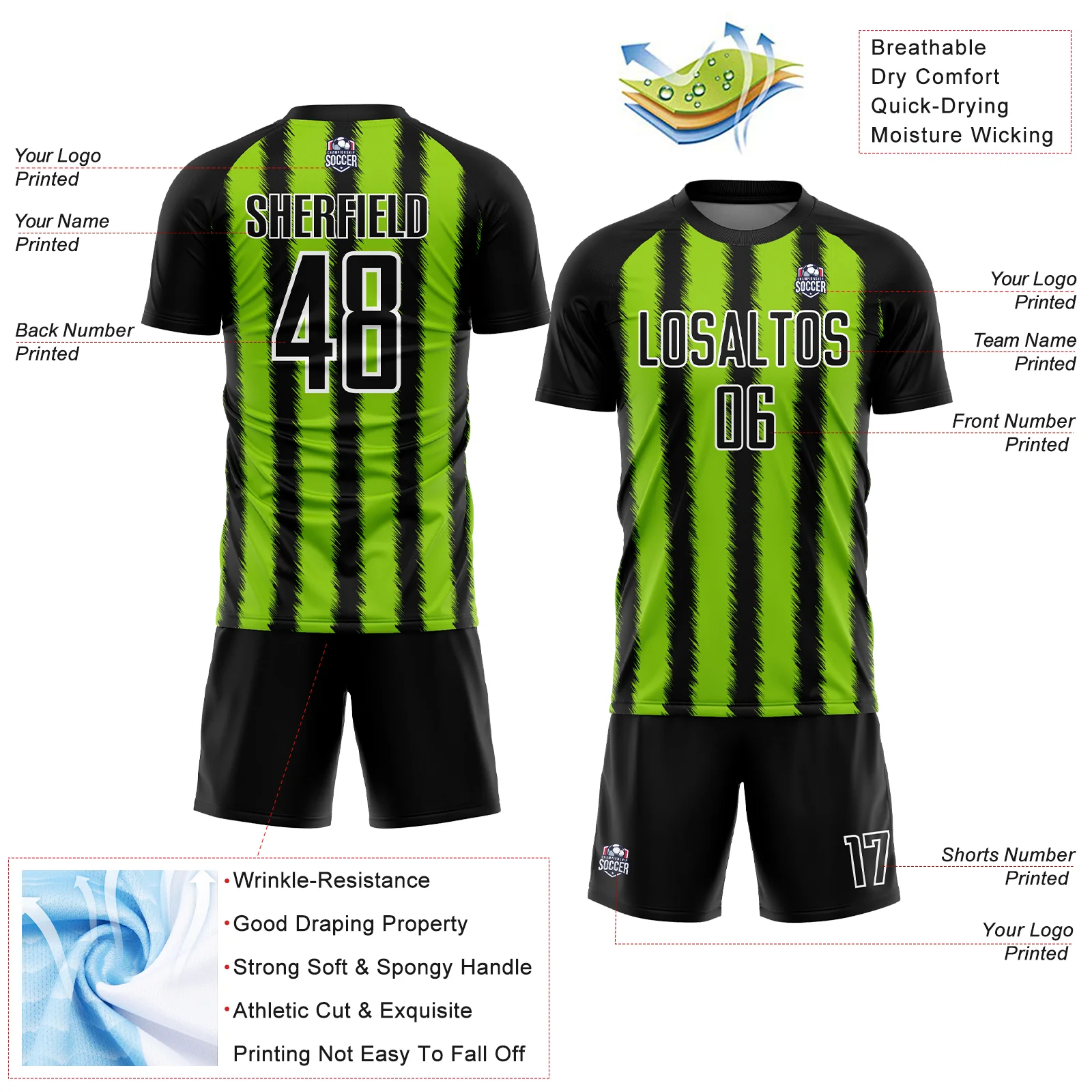 Custom Black Neon Green-White Line Sublimation Soccer Uniform Jersey - Image 4