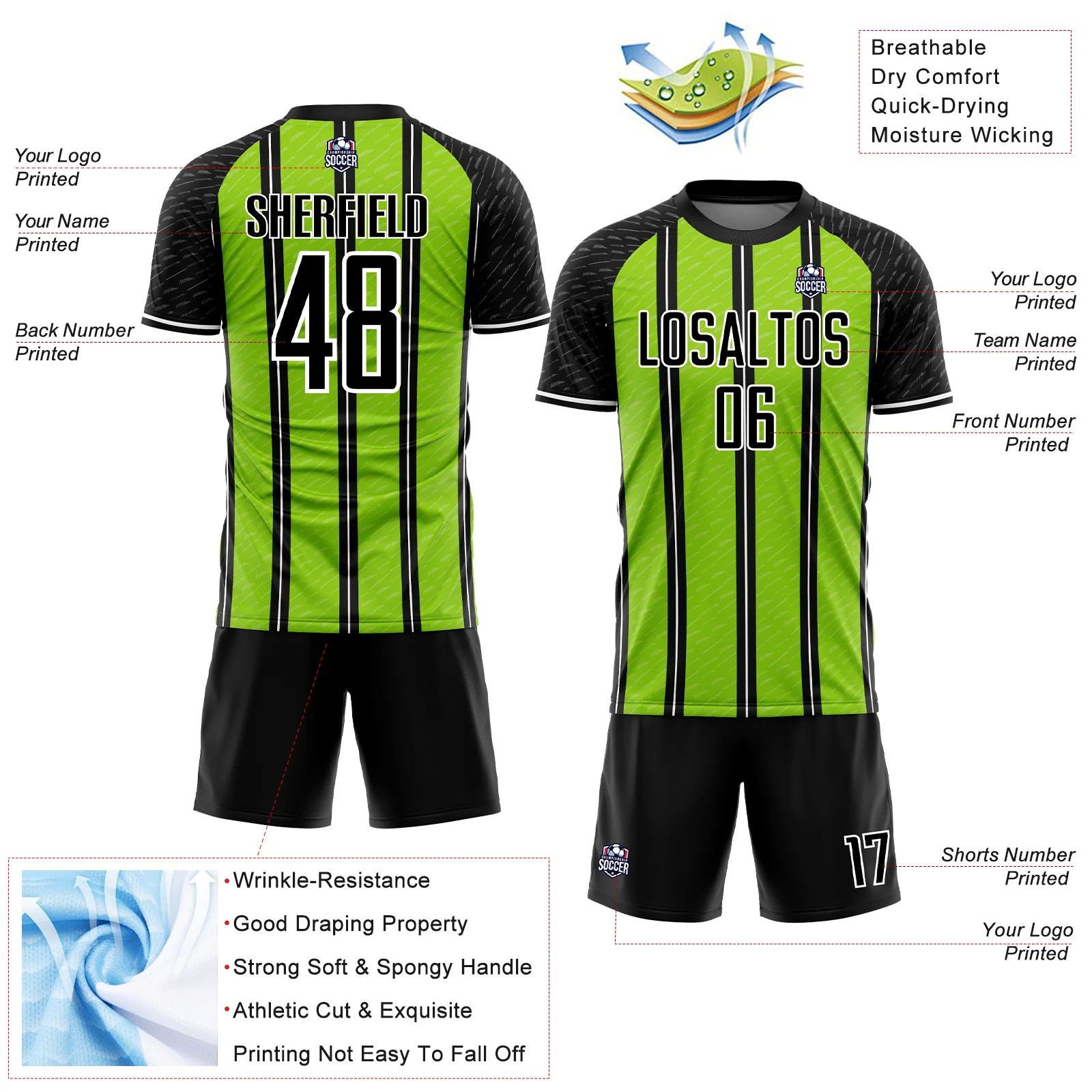 Custom Black Neon Green-White Line Sublimation Soccer Uniform Jersey - Image 4