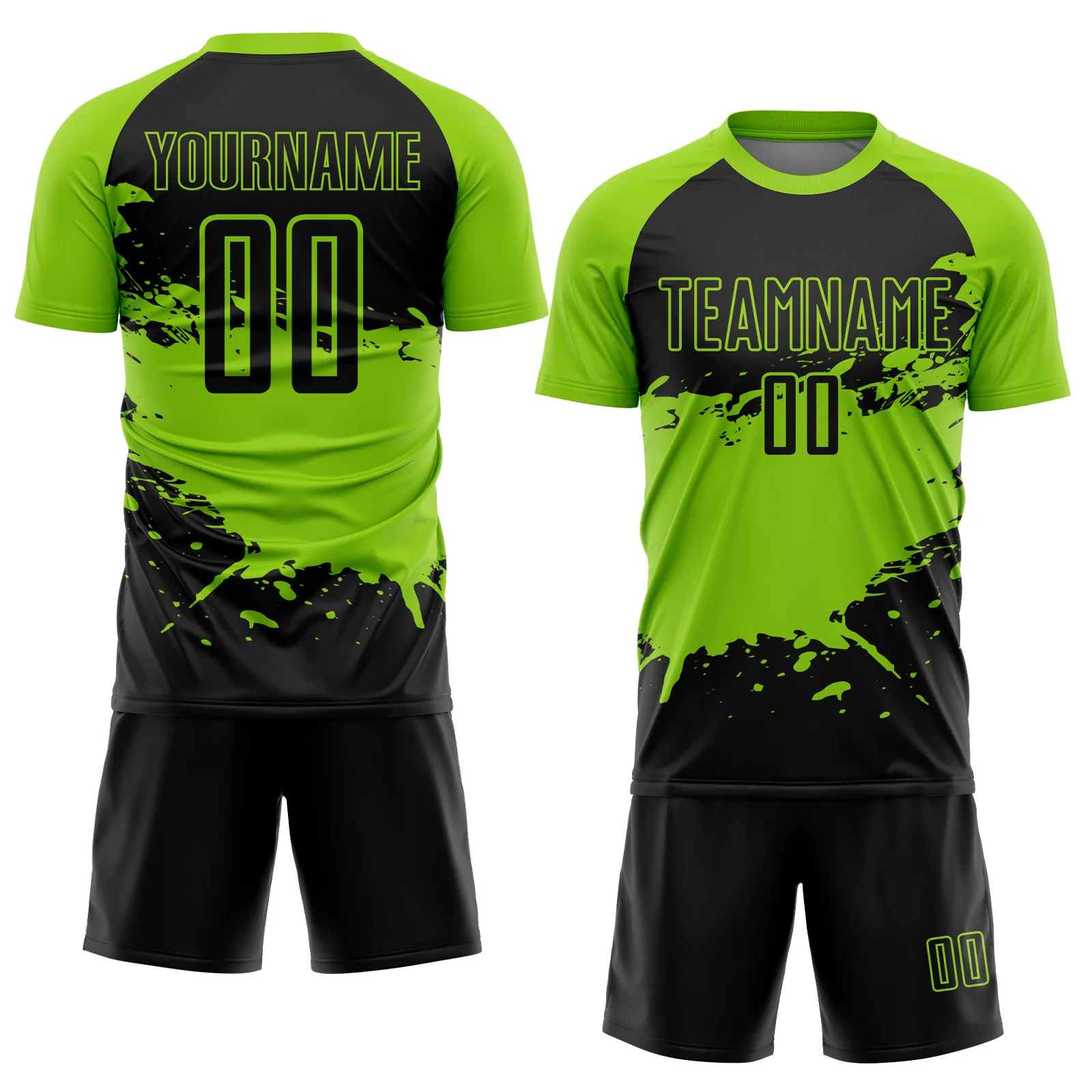 Custom Black Neon Green Splash Sublimation Soccer Uniform Jersey - Image 2