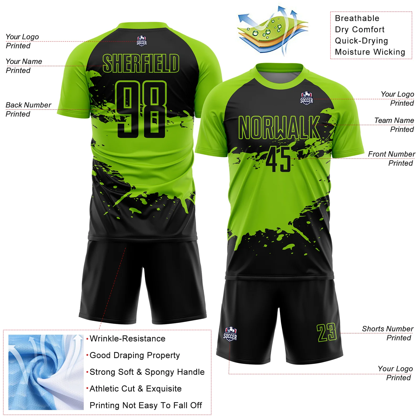 Custom Black Neon Green Splash Sublimation Soccer Uniform Jersey - Image 4