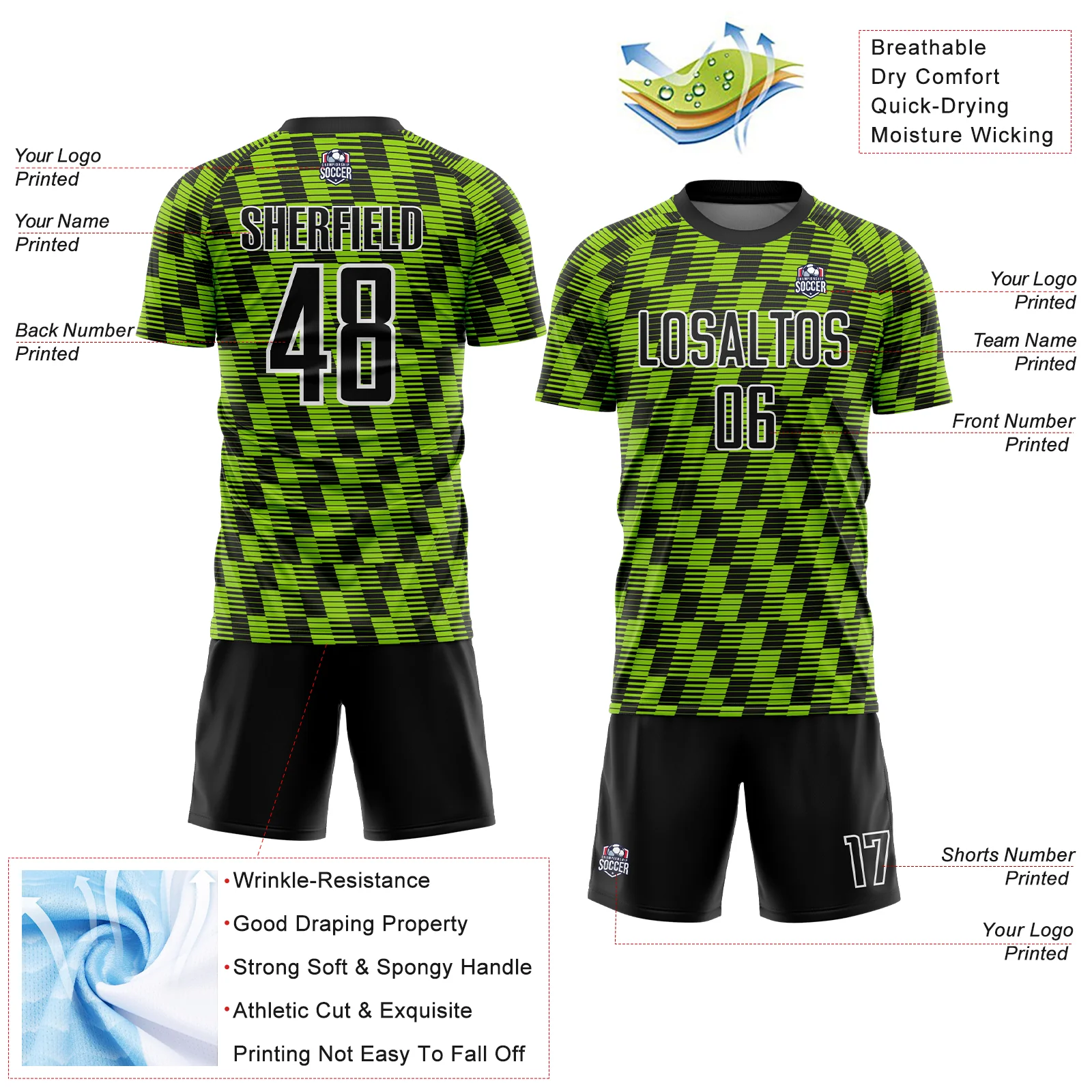 Custom Black Neon Green-White Line Sublimation Soccer Uniform Jersey - Image 4