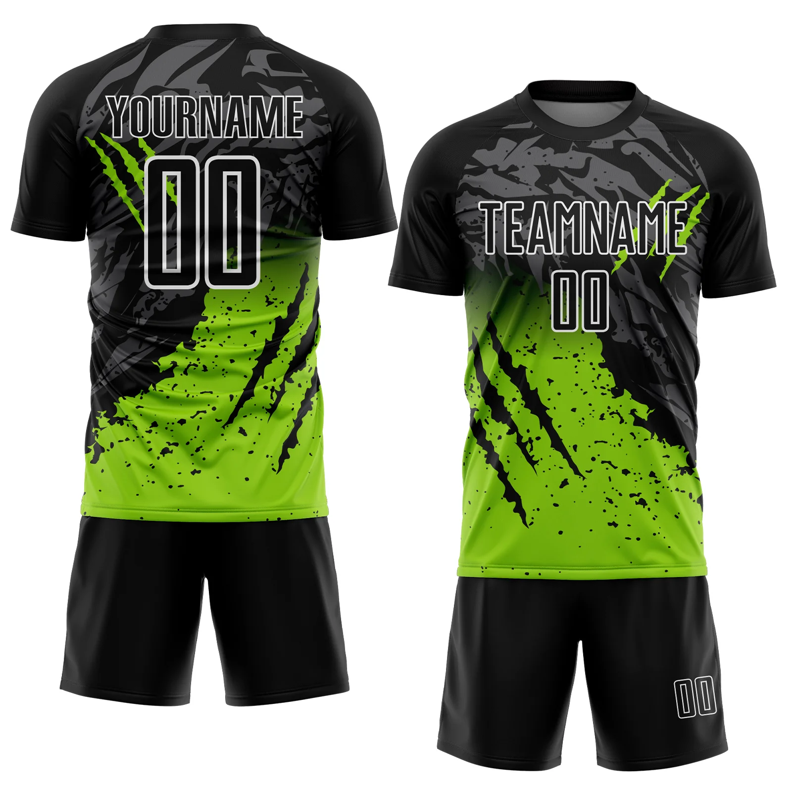 Custom Black Neon Green-White Gradient Scratch Splash Sublimation Soccer Uniform Jersey - Image 2