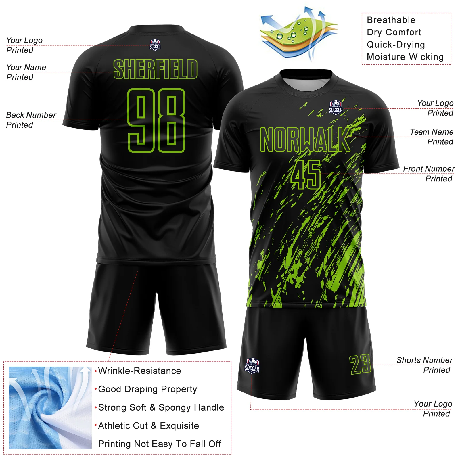 Custom Black Neon Green Splash Sublimation Soccer Uniform Jersey - Image 4