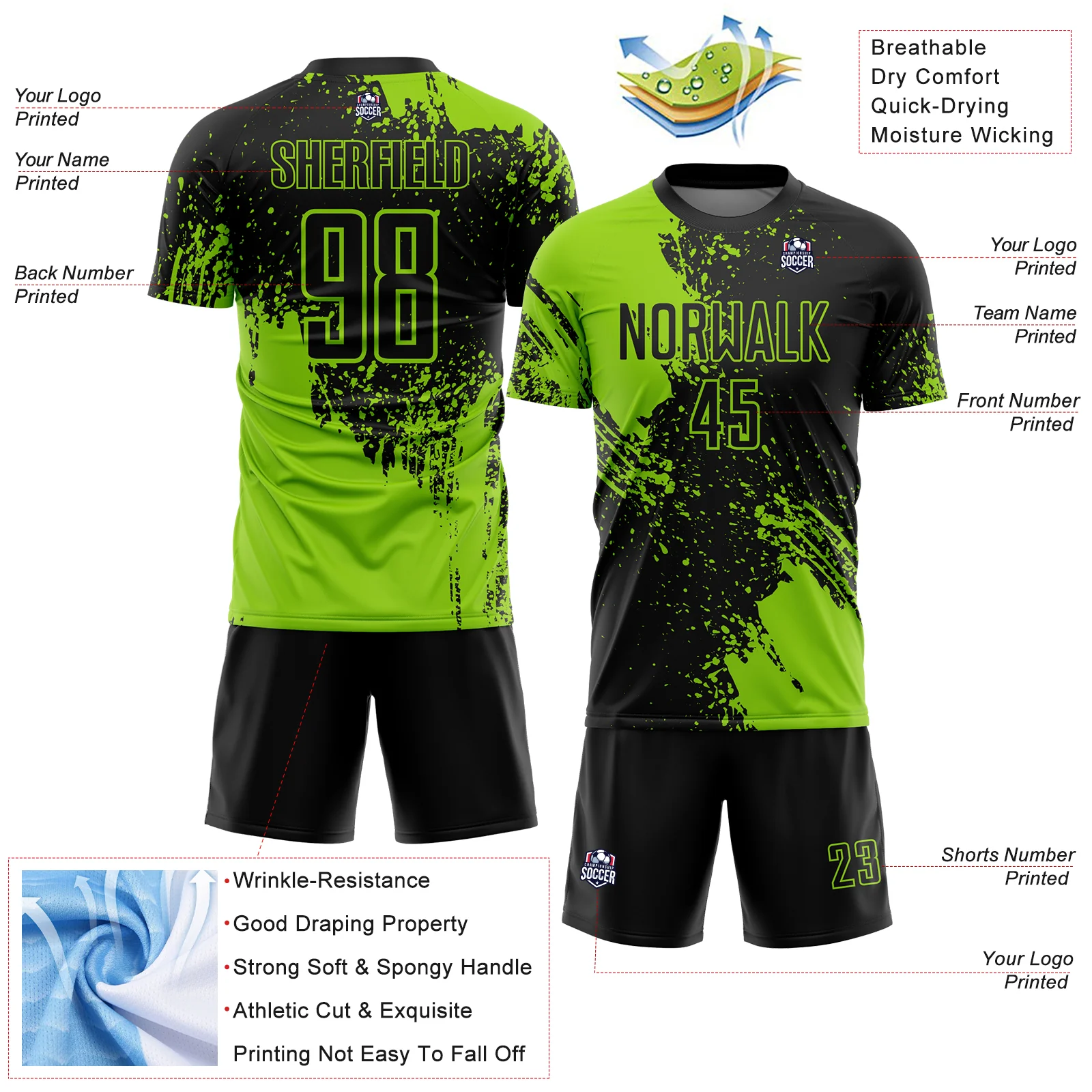 Custom Black Neon Green Abstract Brush Stroke Sports Sublimation Soccer Uniform Jersey - Image 4