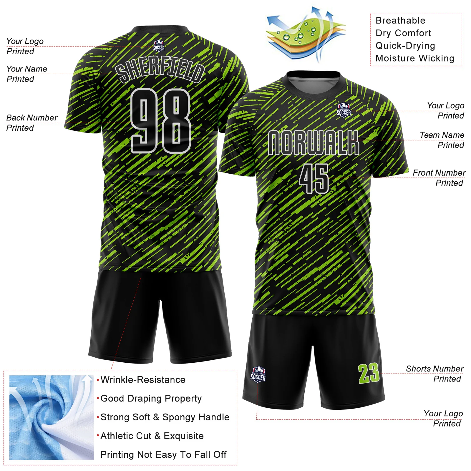 Custom Black Neon Green-White Line Sports Sublimation Soccer Uniform Jersey - Image 4