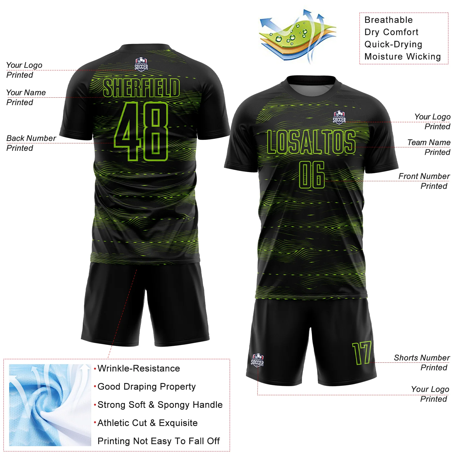 Custom Black Neon Green Streamline Wave Cyberpunk Neon Tech Sports Sublimation Soccer Uniform Jersey - Image 4