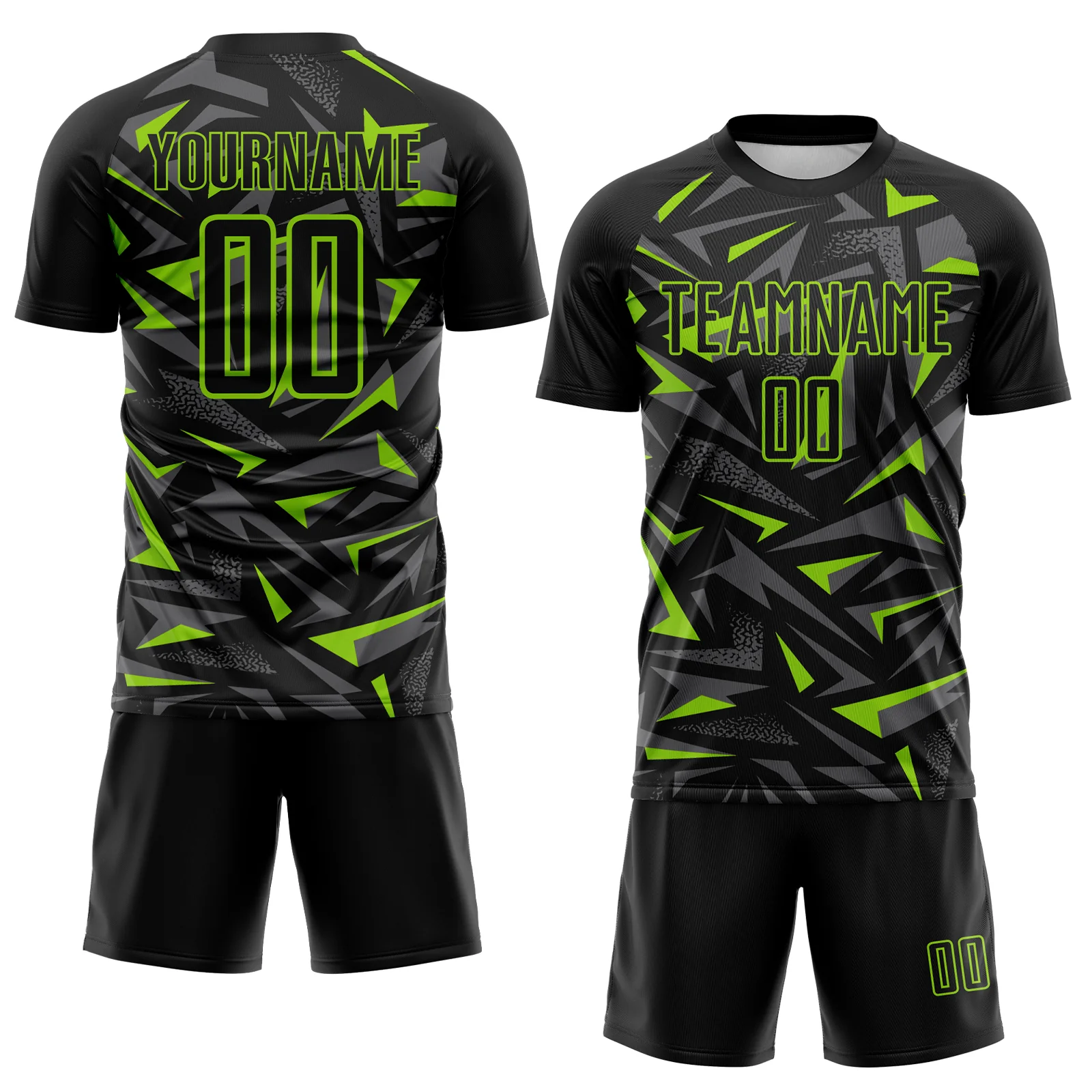 Custom Black Neon Green-Steel Gray Cyber Mecha E-sport Geometric Shards Spike Sublimation Soccer Uniform Jersey - Image 2