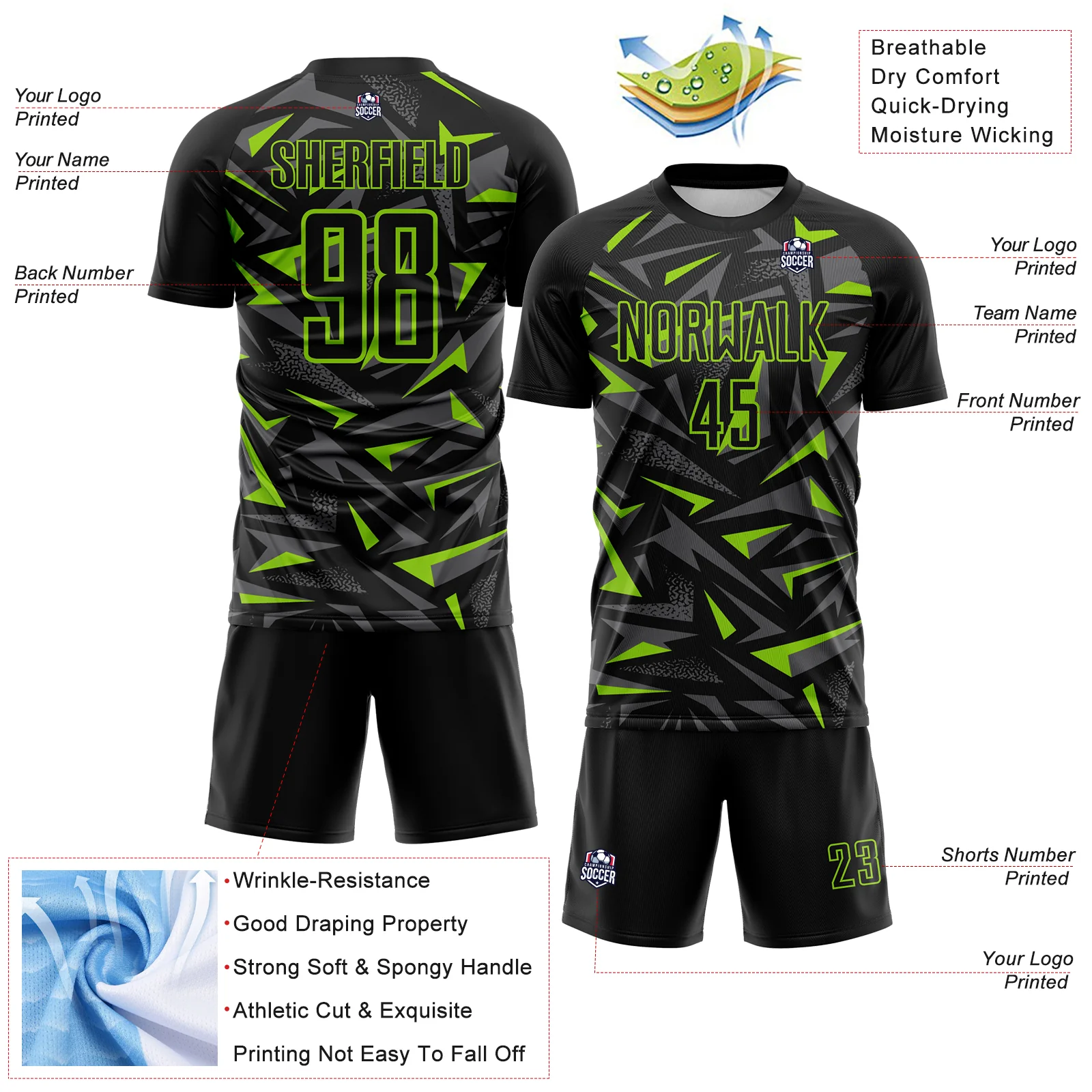 Custom Black Neon Green-Steel Gray Cyber Mecha E-sport Geometric Shards Spike Sublimation Soccer Uniform Jersey - Image 4
