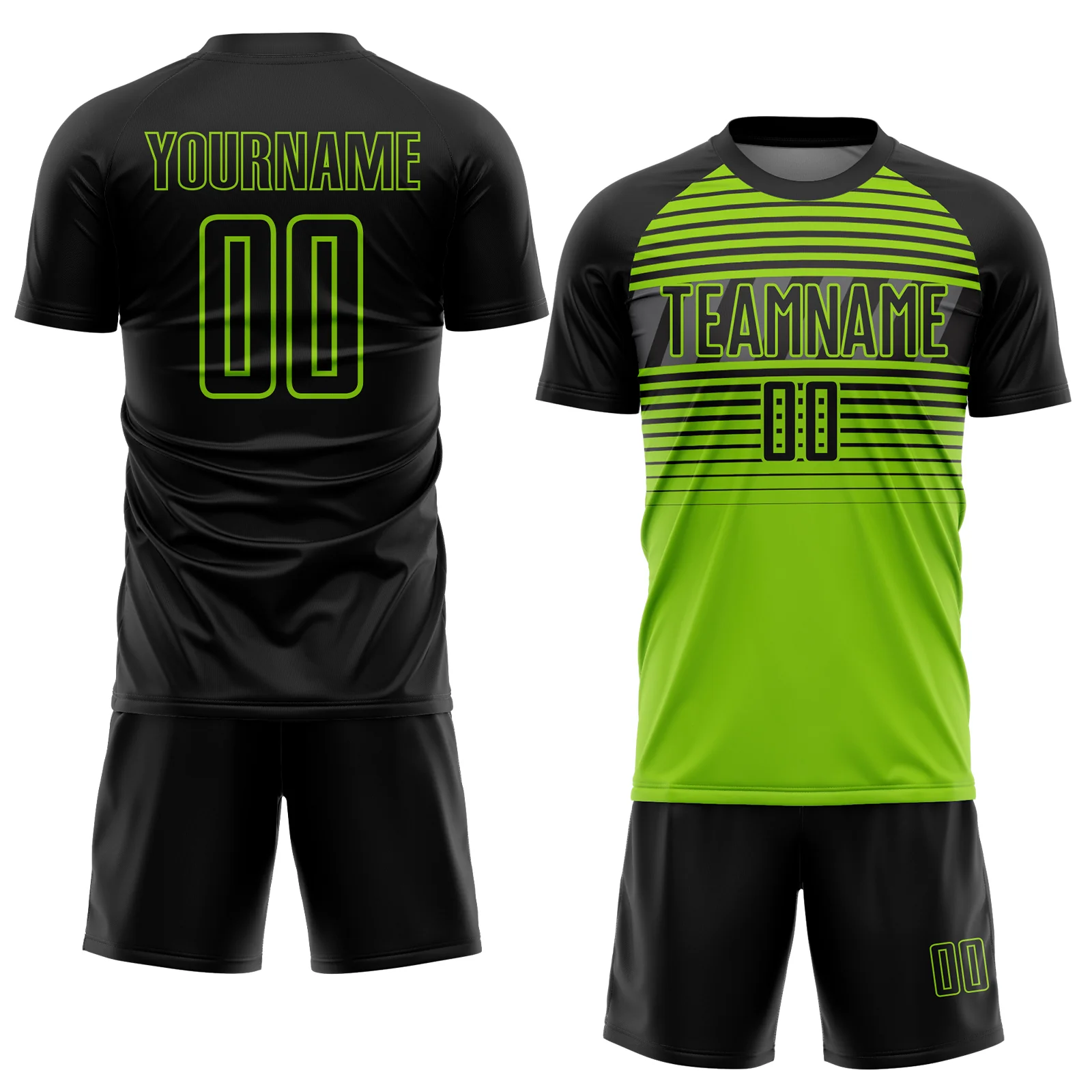 Custom Black Neon Green-Steel Gray Gradient Horizontal Stripes Sublimation Soccer Uniform Jersey - Image 2