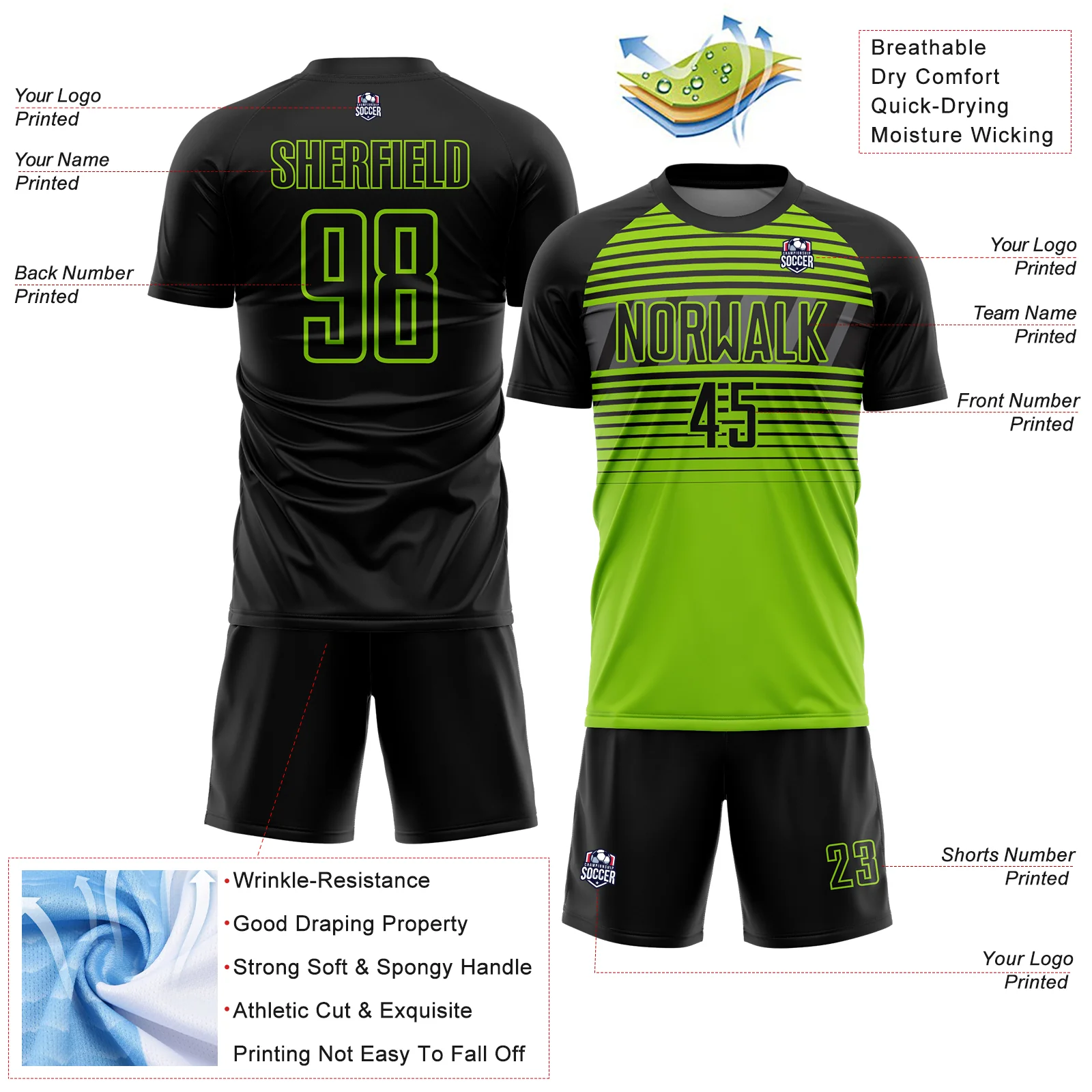 Custom Black Neon Green-Steel Gray Gradient Horizontal Stripes Sublimation Soccer Uniform Jersey - Image 4