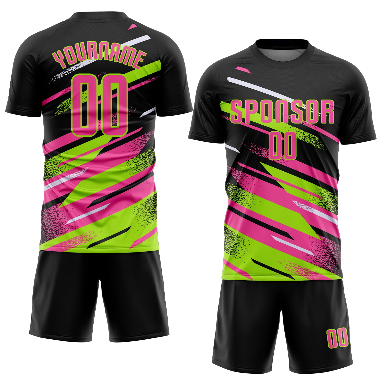 Custom Black Pink Neon Green-White Grunge Stripe And Grainy Sports Sublimation Soccer Uniform Jersey - Image 2
