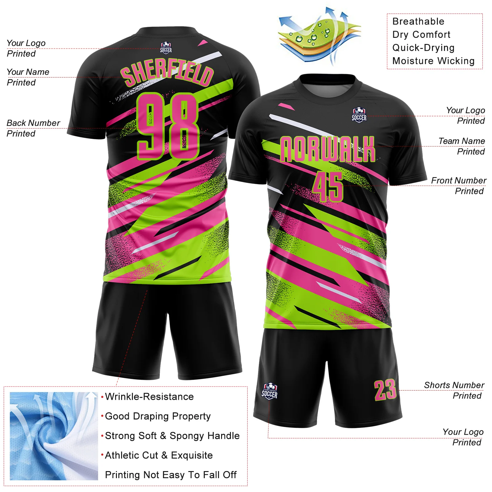 Custom Black Pink Neon Green-White Grunge Stripe And Grainy Sports Sublimation Soccer Uniform Jersey - Image 4