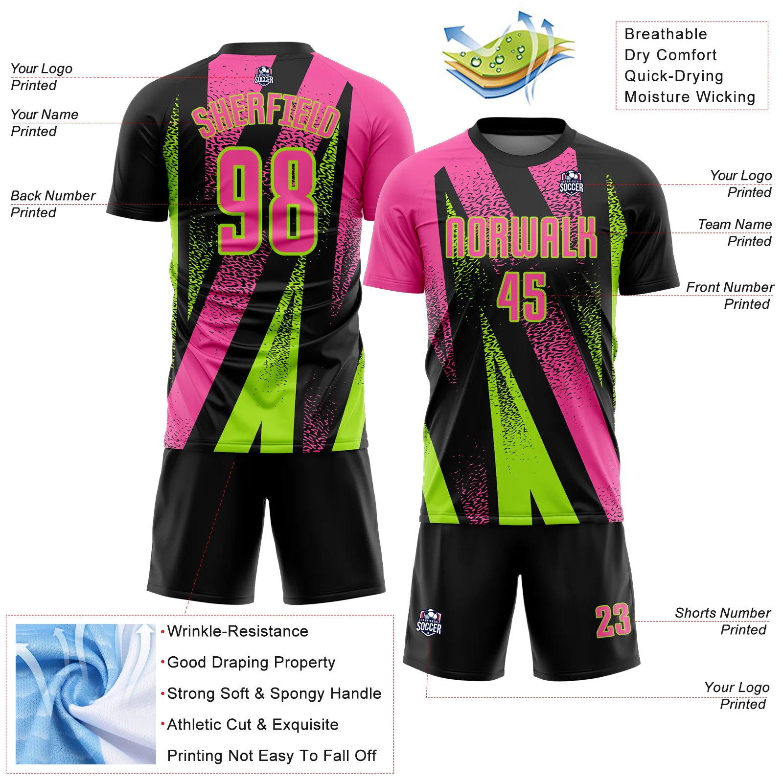 Custom Black Pink-Neon Green Radial Burst Sports Sublimation Soccer Uniform Jersey - Image 4