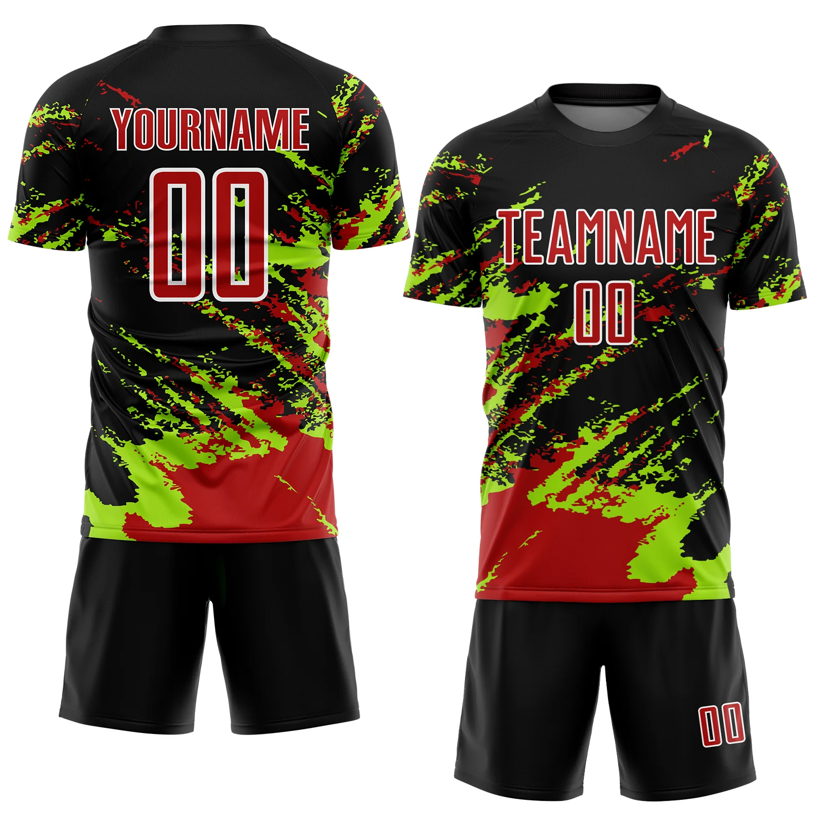 Custom Black Red-Neon Green Abstract Fragment Art Splash Sublimation Soccer Uniform Jersey - Image 2