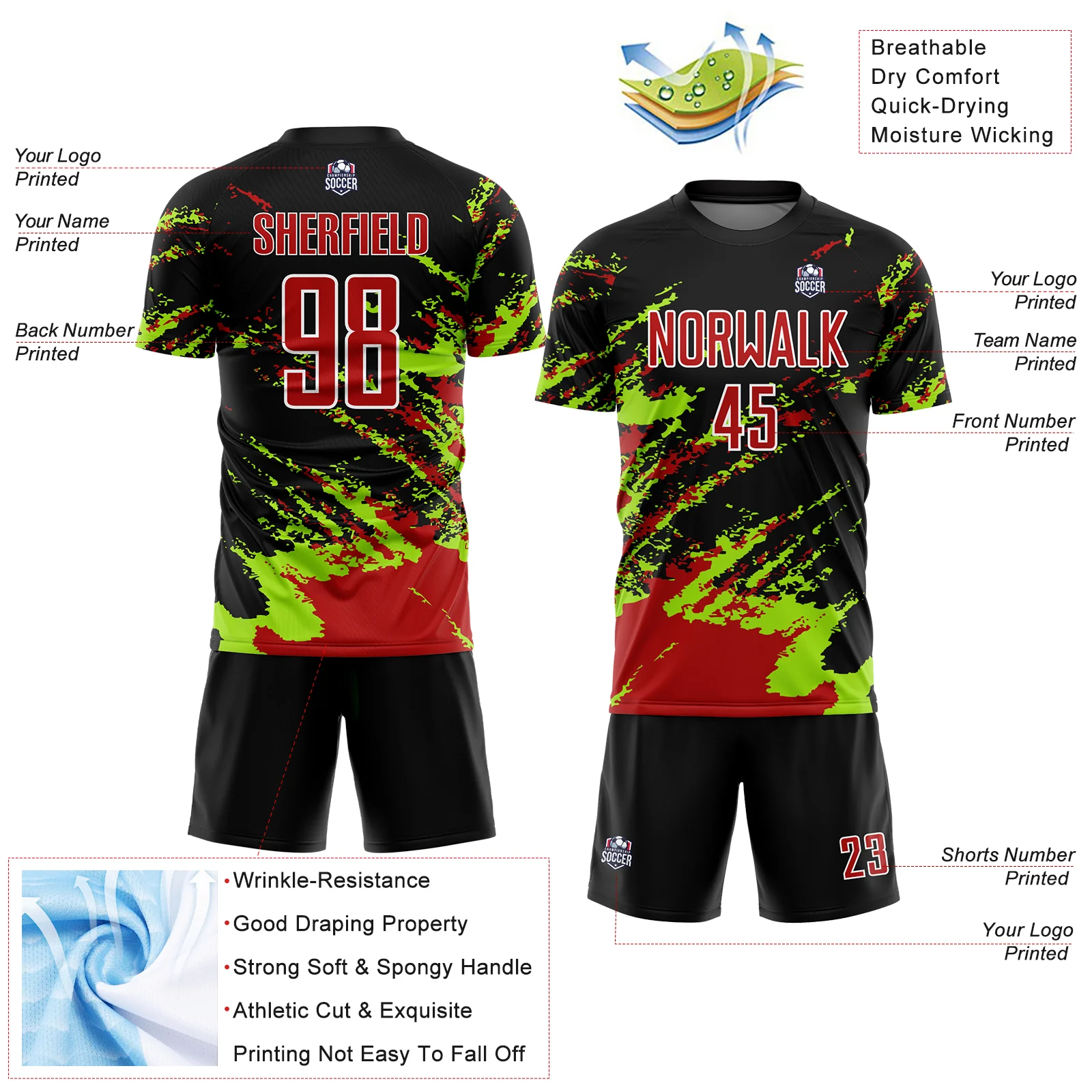 Custom Black Red-Neon Green Abstract Fragment Art Splash Sublimation Soccer Uniform Jersey - Image 4