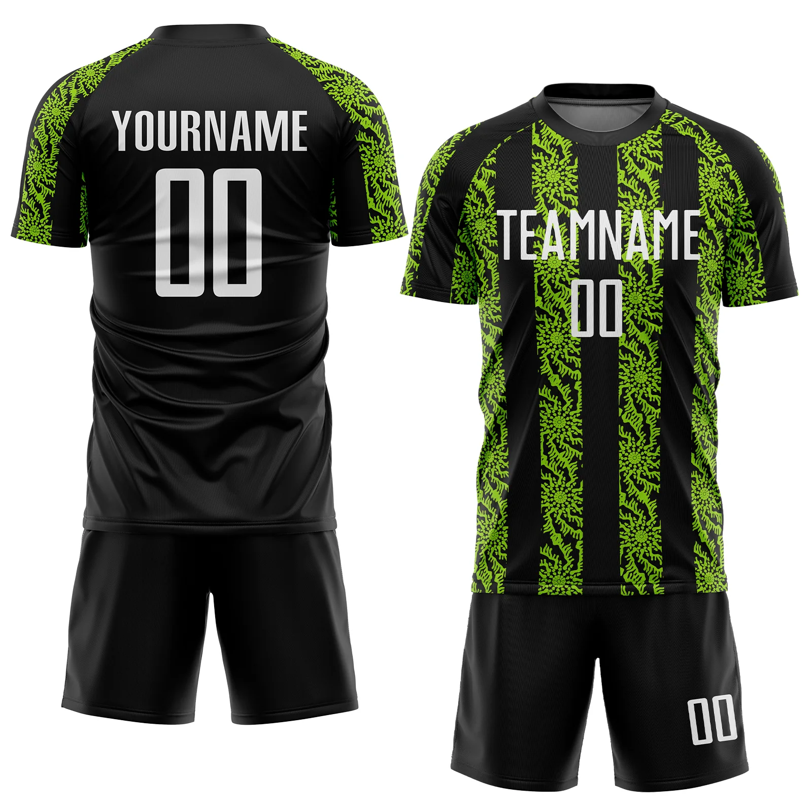 Custom Black White-Neon Green Abstract Shape Sublimation Soccer Uniform Jersey - Image 2
