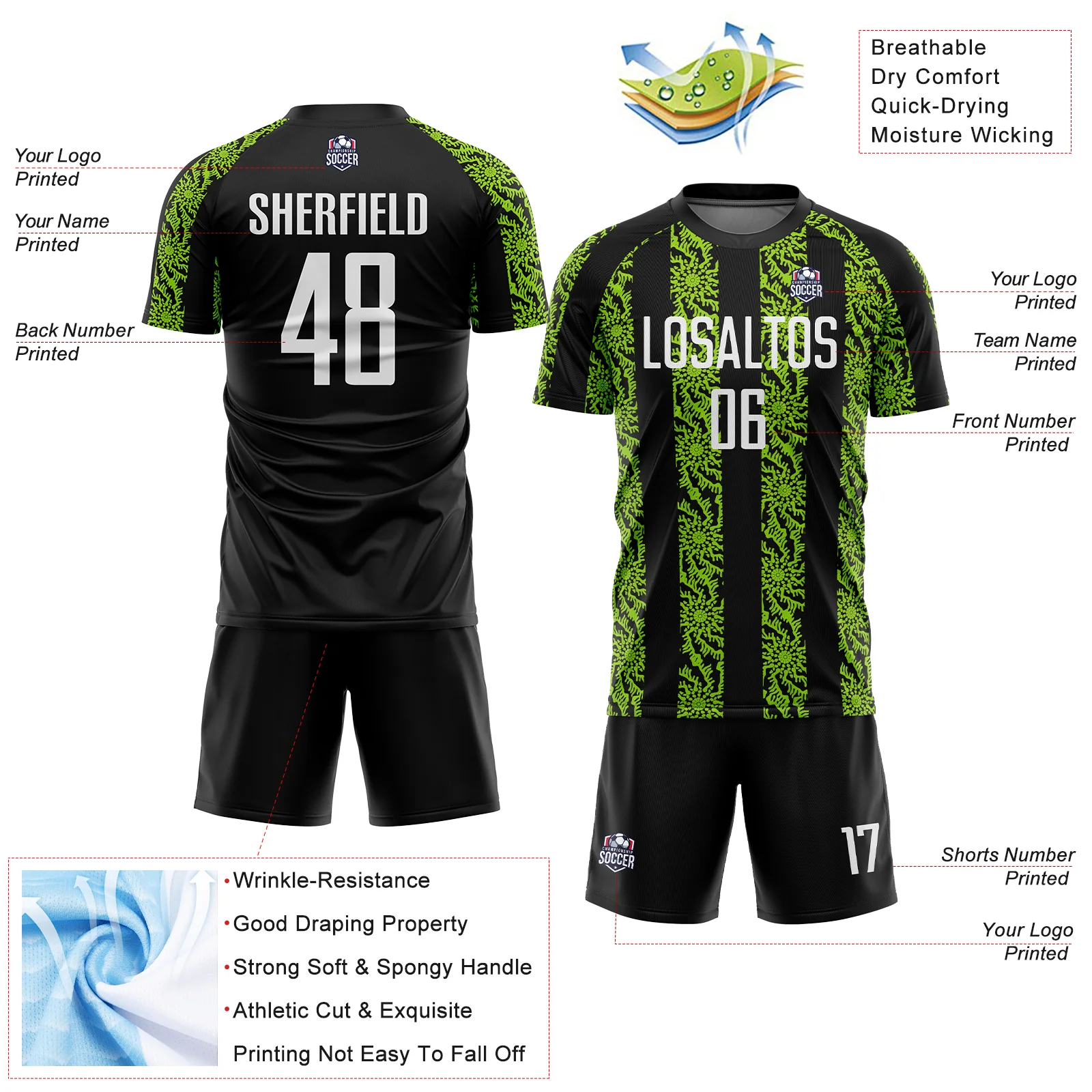 Custom Black White-Neon Green Abstract Shape Sublimation Soccer Uniform Jersey - Image 4