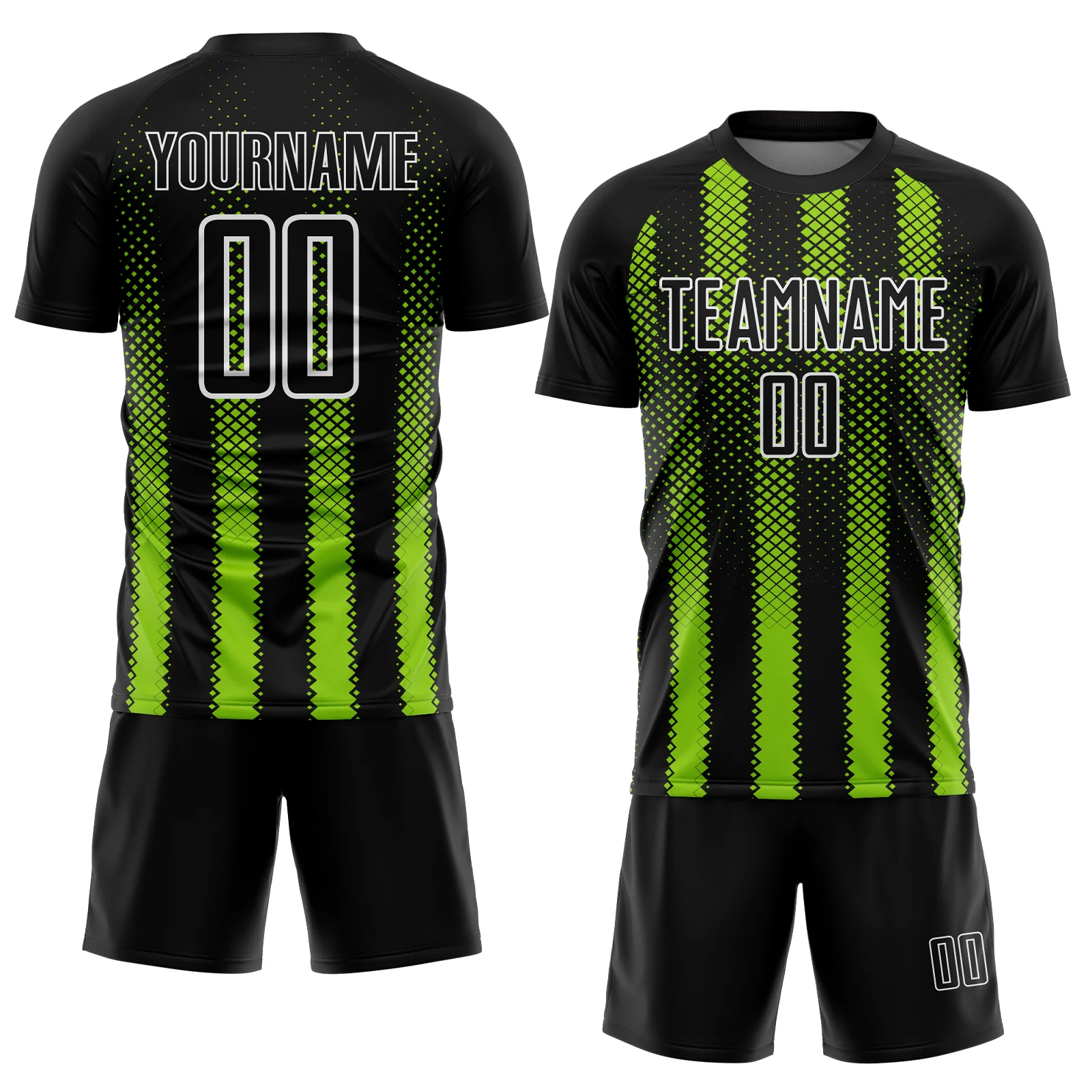 Custom Black Neon Green-White Geometric Shape Sublimation Soccer Uniform Jersey - Image 2