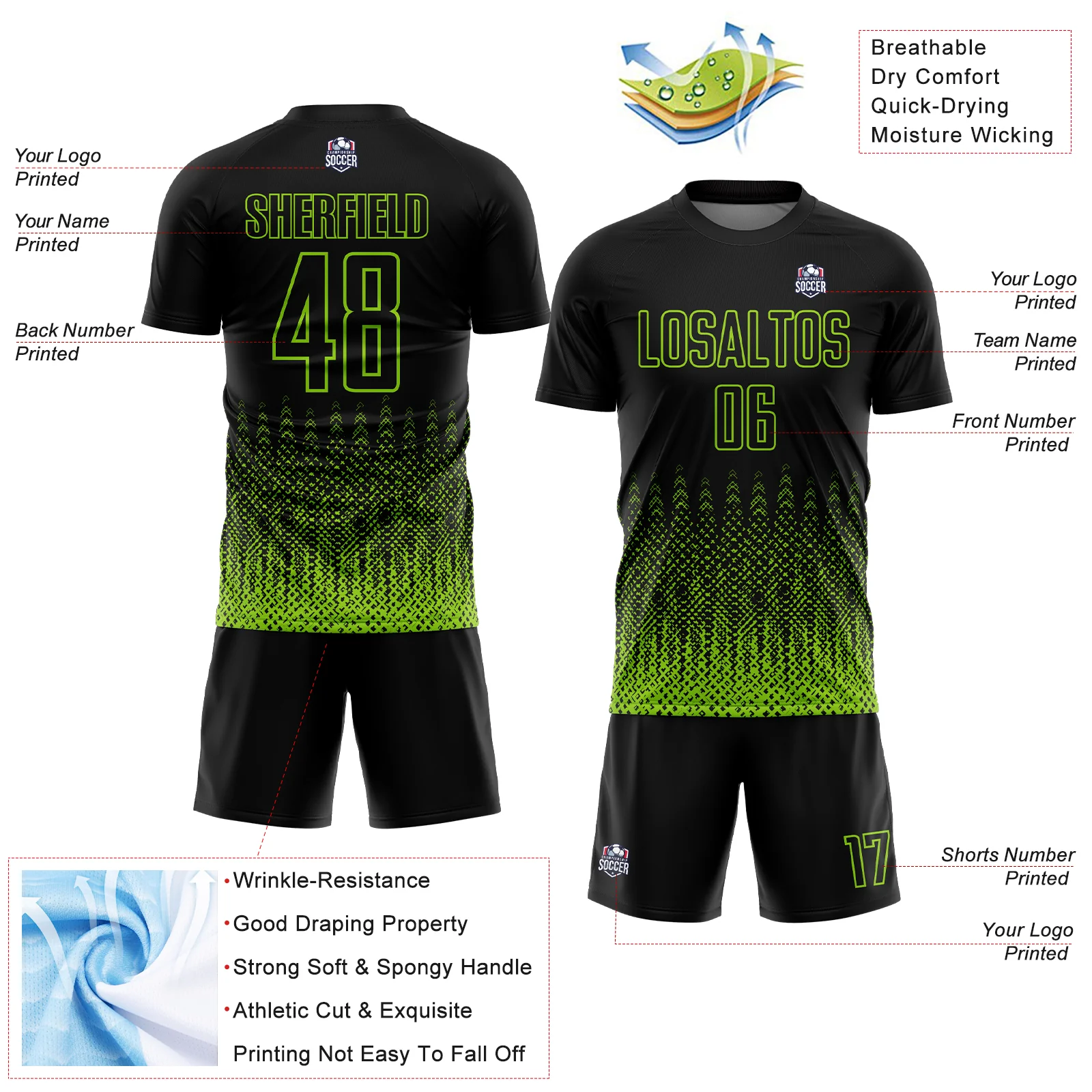Custom Black Neon Green Geometric Shape Sublimation Soccer Uniform Jersey - Image 4