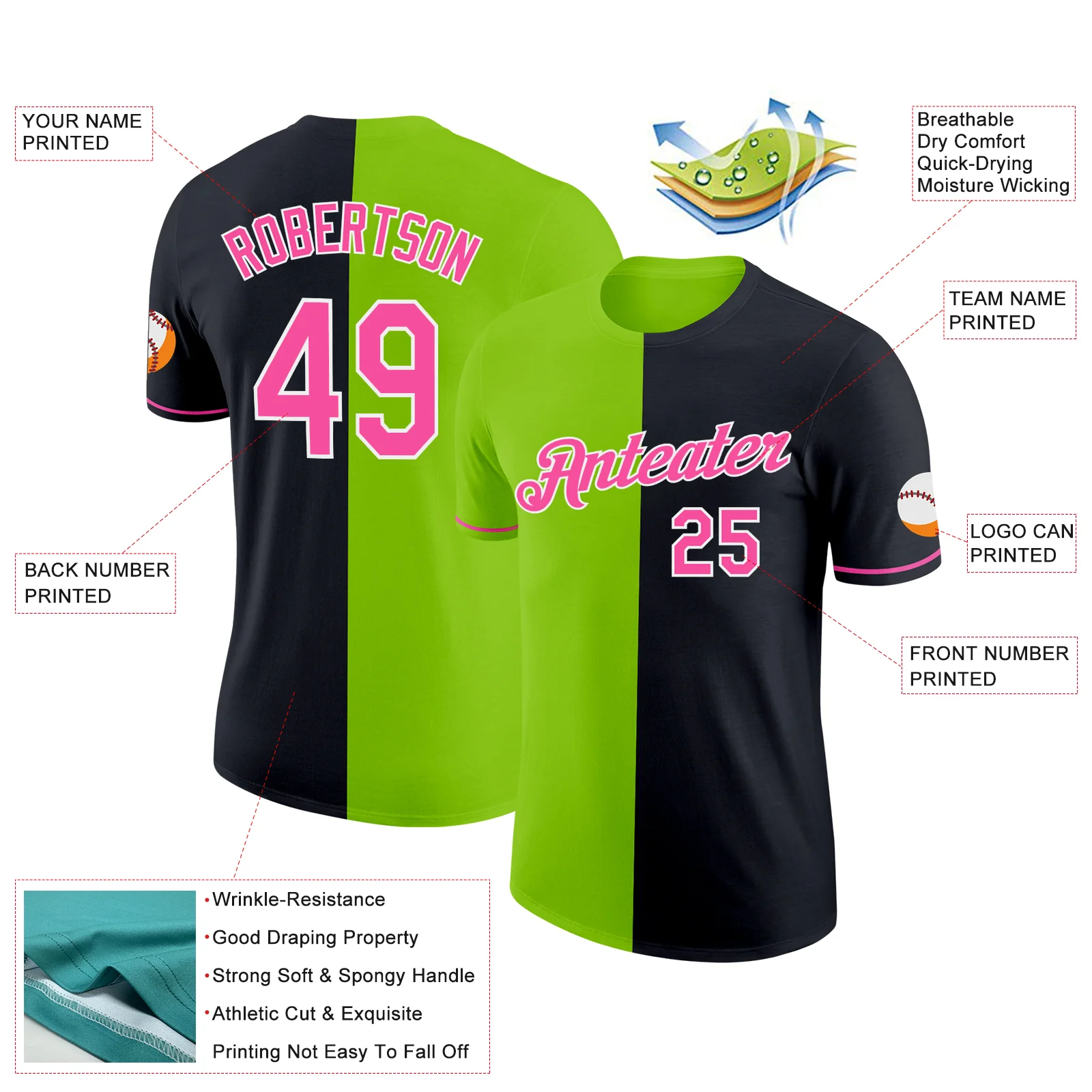 Custom Black Pink-Neon Green Split Fashion Performance T-Shirt - Image 2