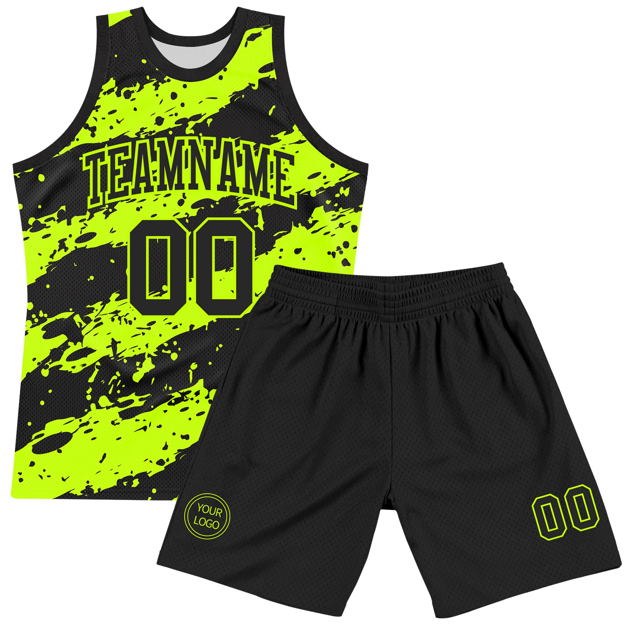 Custom Black Neon Green Splash Round Neck Sublimation Basketball Suit Jersey - Image 2